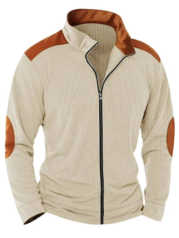 Royaura® Basic Plain Men's Stand Collar Zipper Wide Striped Cardigan Jacket