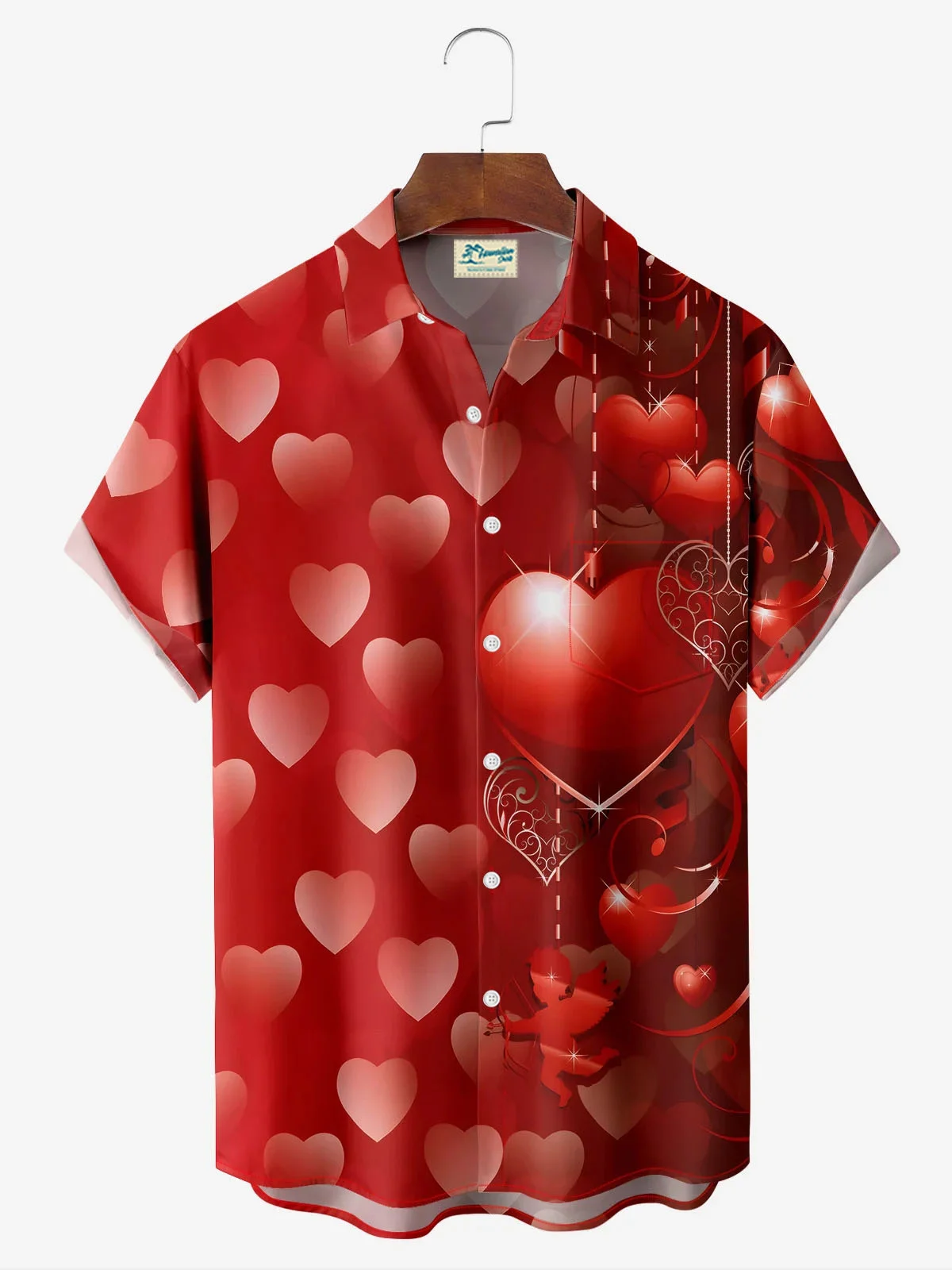 Royaura® Valentine's Day Heart Gradient Print Men's Button Pocket Short Sleeve Shirt Big & Tall