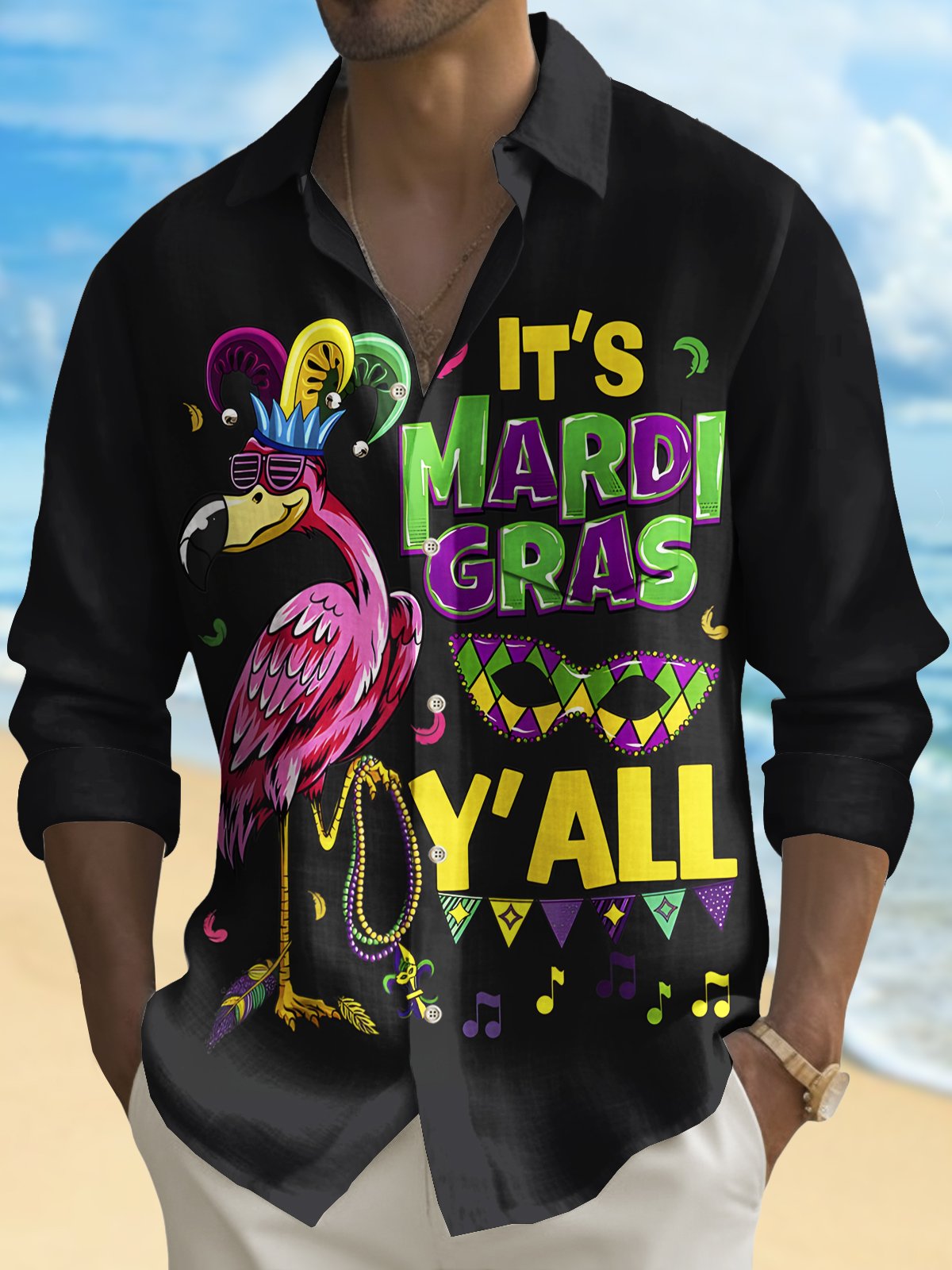 Royaura® Mardi Gras Flamingo Print Men's Button Pocket Long Sleeve Shirt Big Tall