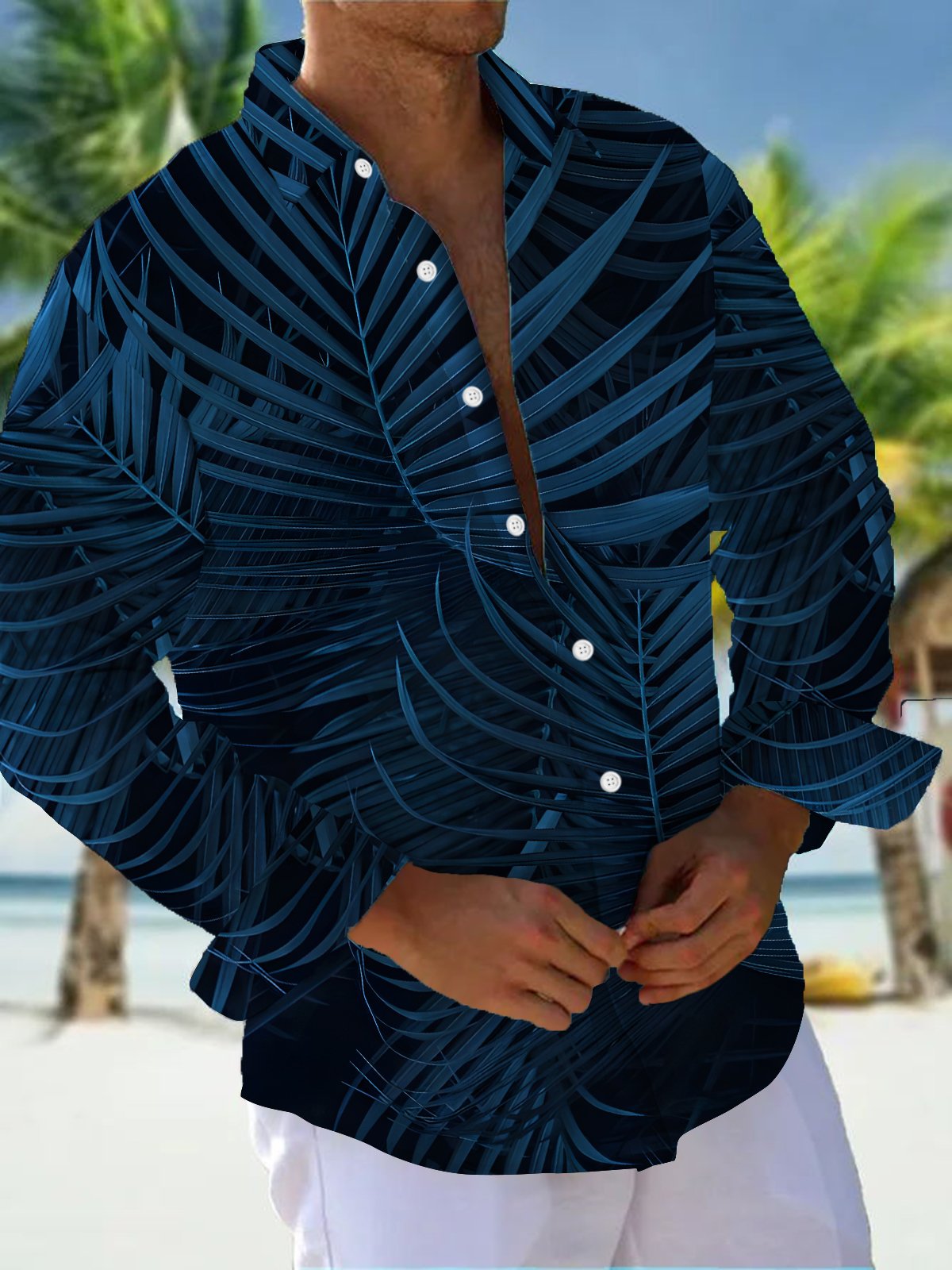 Royaura® Beach Vacation Palm Leaf Print Men's Button Pocket Long Sleeve Shirt Big Tall