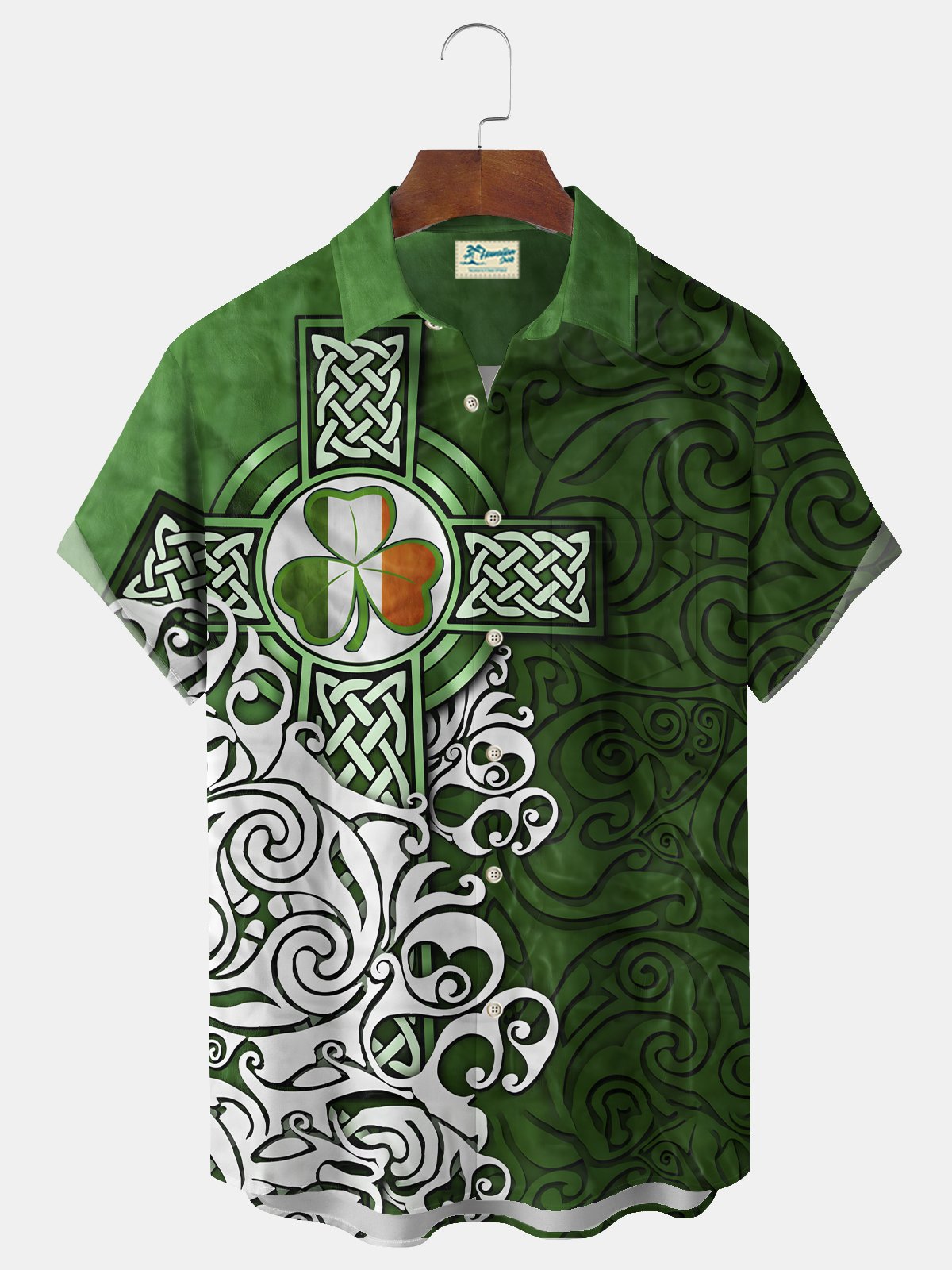 Royaura® St. Patrick's Day Irish Cross Shamrock Green Lucky Print Men's Chest Pocket Stretch Hawaiian Shirt Big Tall