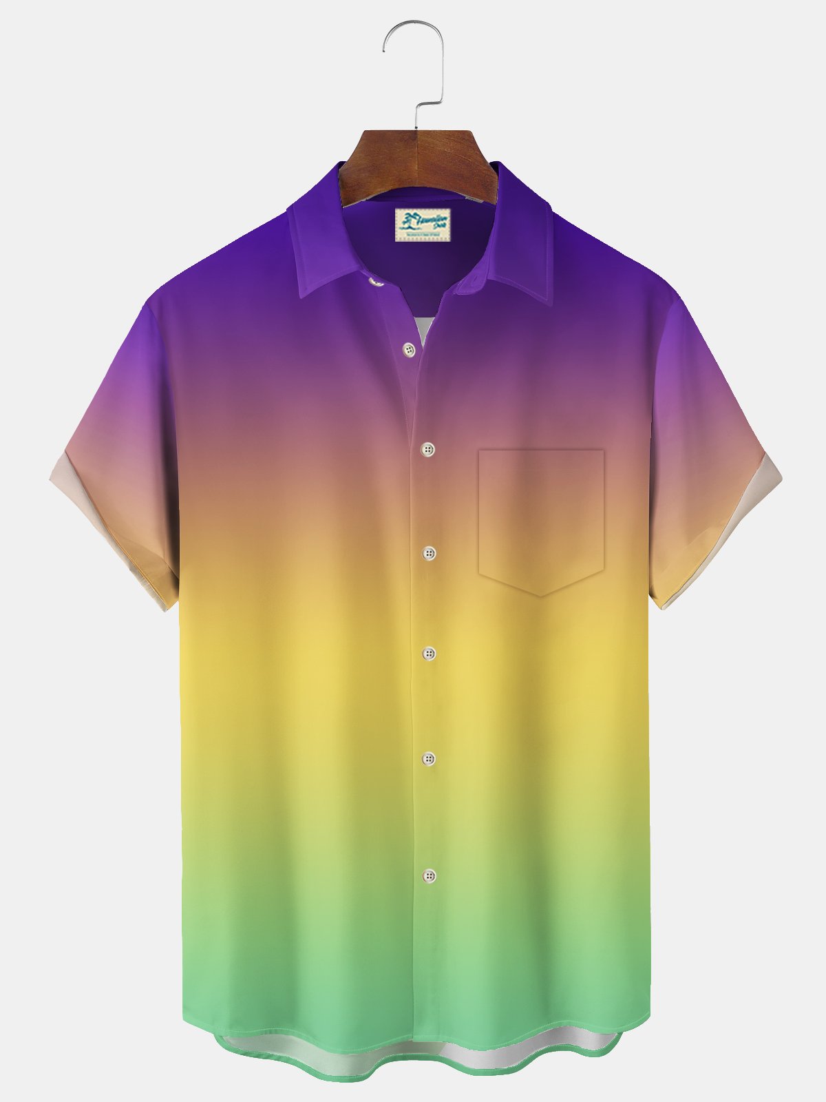 Royaura® Mardi Gras Tri Color Gradient Print Men's Chest Pocket Stretch Hawaiian Shirt Big Tall