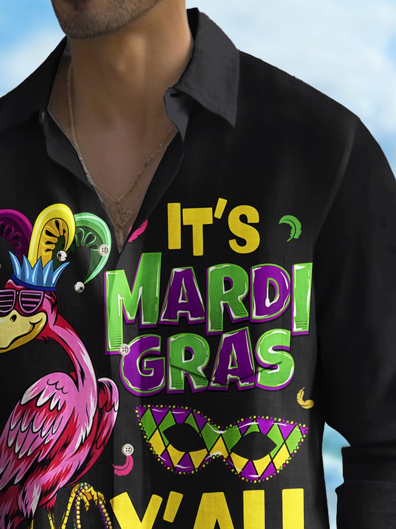 Royaura® Mardi Gras Flamingo Print Men's Button Pocket Long Sleeve Shirt Big Tall