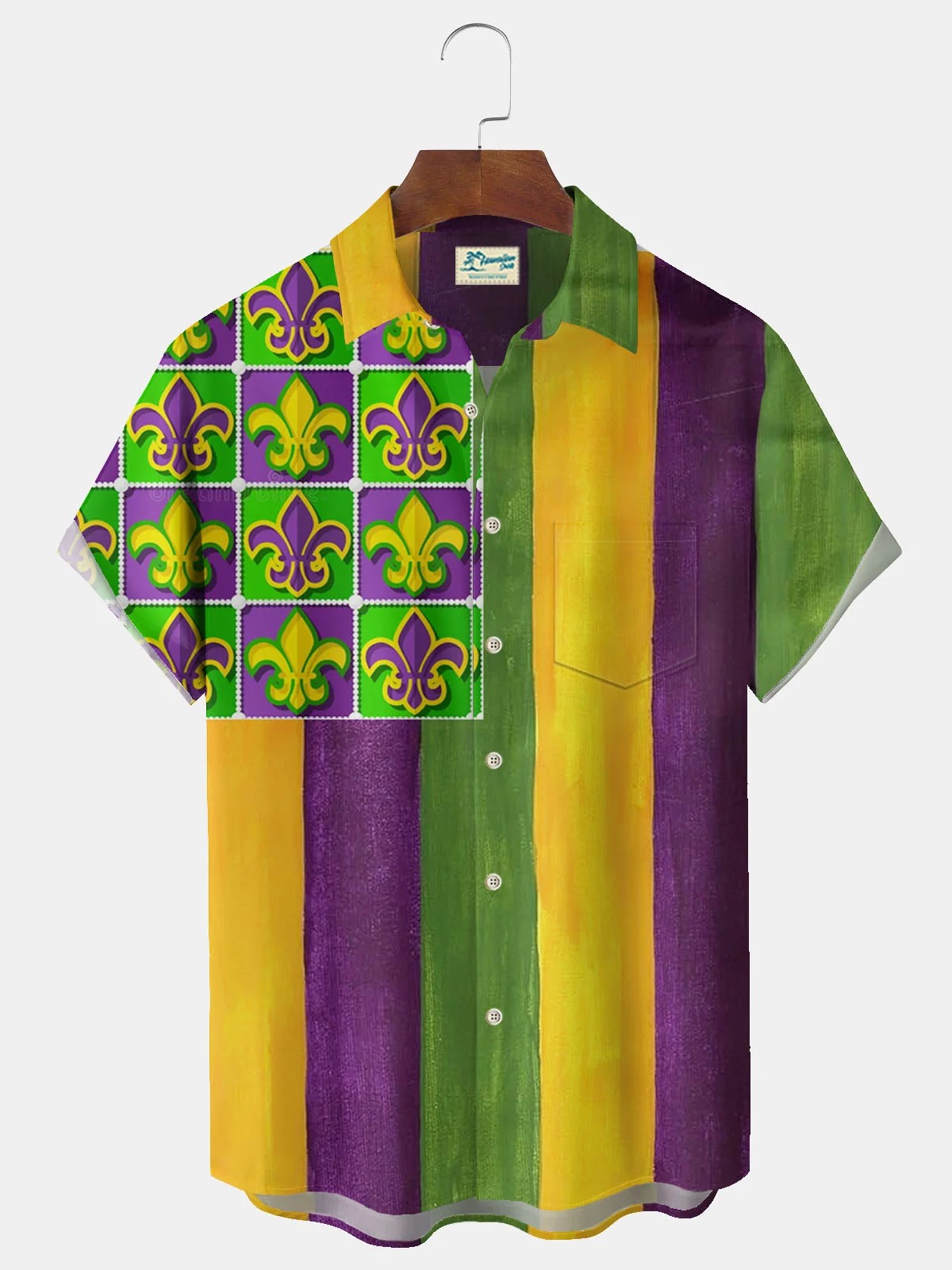 Royaura® Mardi Gras Flag Print Men's Button Pocket Short Sleeve Shirt Big & Tall