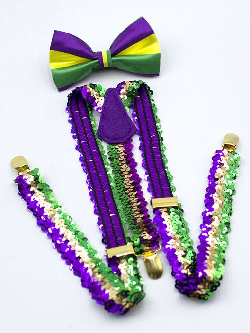 Royaura® Mardi Gras Party Tri Color Sequin Men's Suspender Tie Set