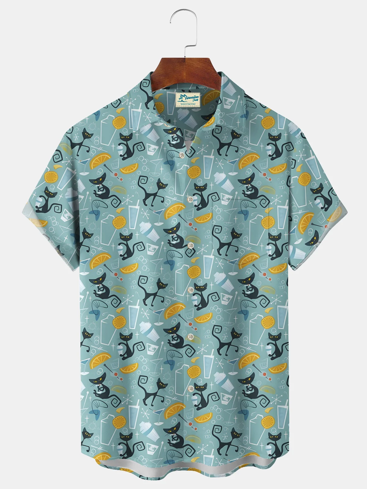 Royaura® 50's Mid Century Vintage Cocktail Cat Print Men's Chest Pocket Stretch Hawaiian Shirt Big Tall