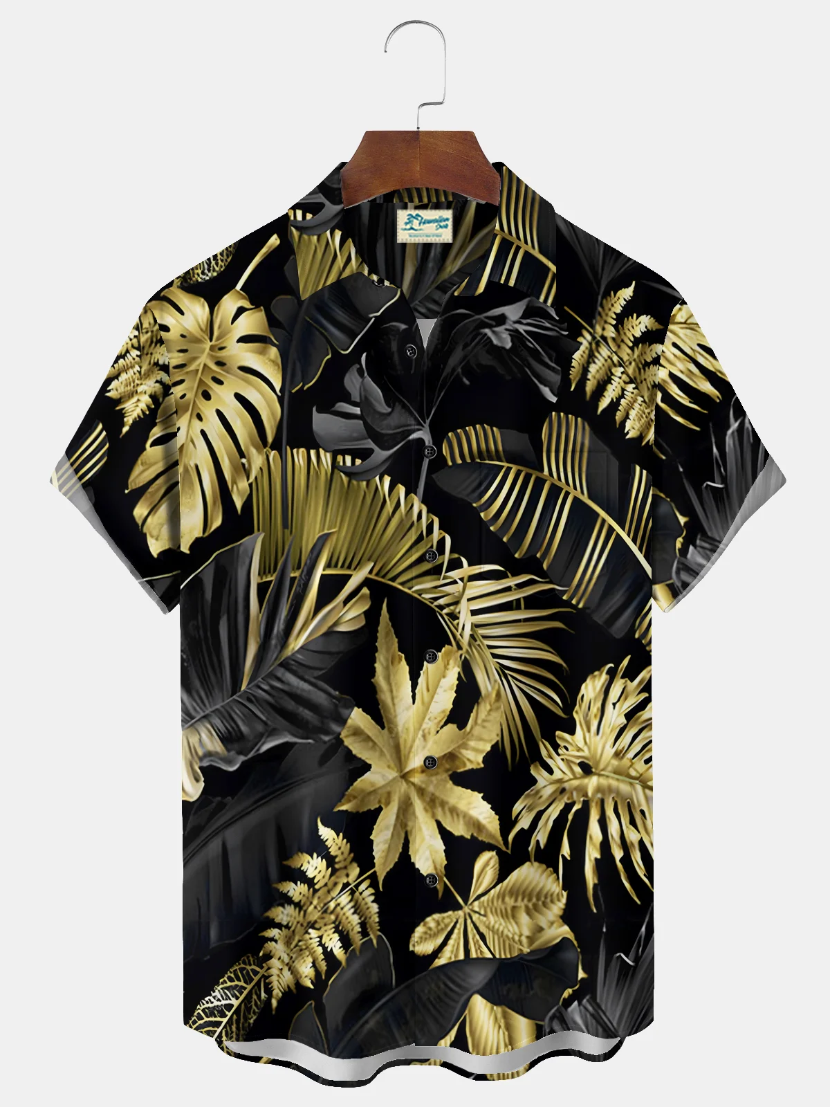 Royaura® Beach Vacation Men's Hawaiian Shirt Black Gold Plant Leaf Print Pocket Camping Shirt Big Tall