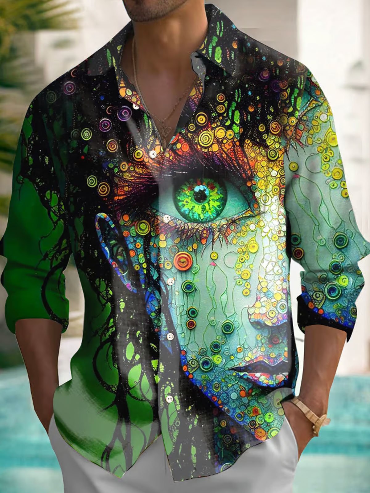 Royaura® Vintage Gradient Art Print Men's Button Pocket Long Sleeve Shirt Big & Tall