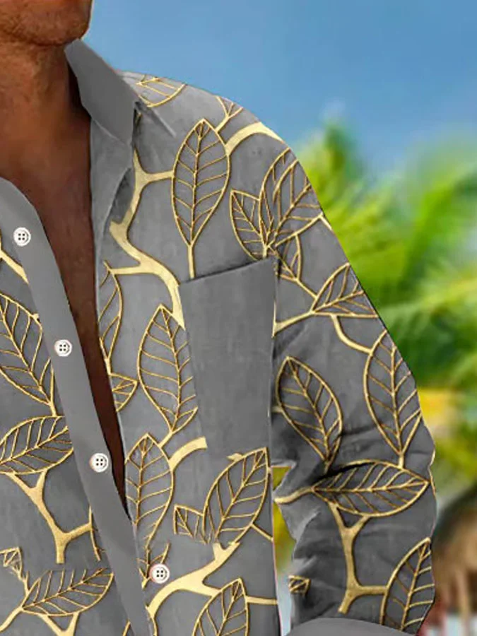 Royaura® Vintage Gold Foil Leaf Print Men's Button Pocket Long Sleeve Shirt Big & Tall