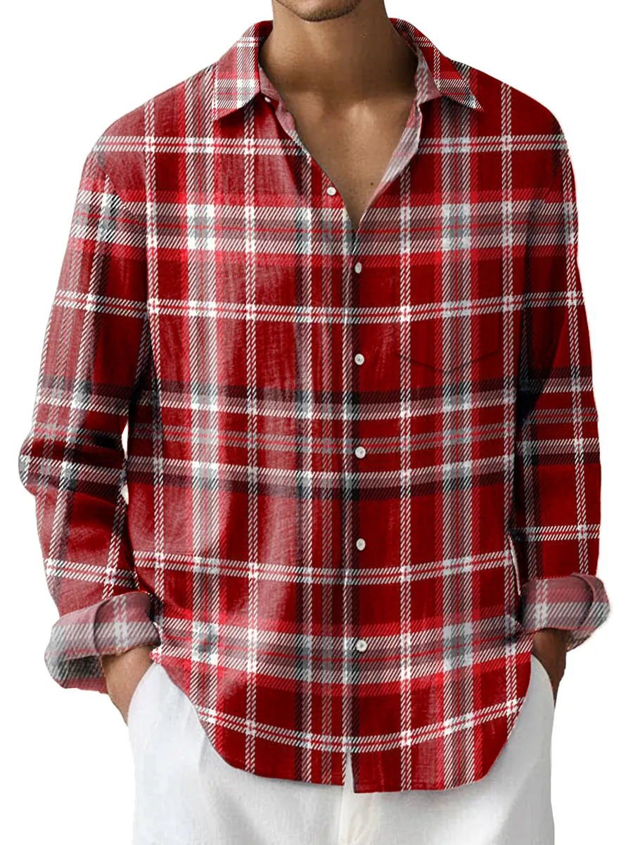 Royaura® Basic Red Plaid Print Men's Button Pocket Long Sleeve Shirt Big Tall