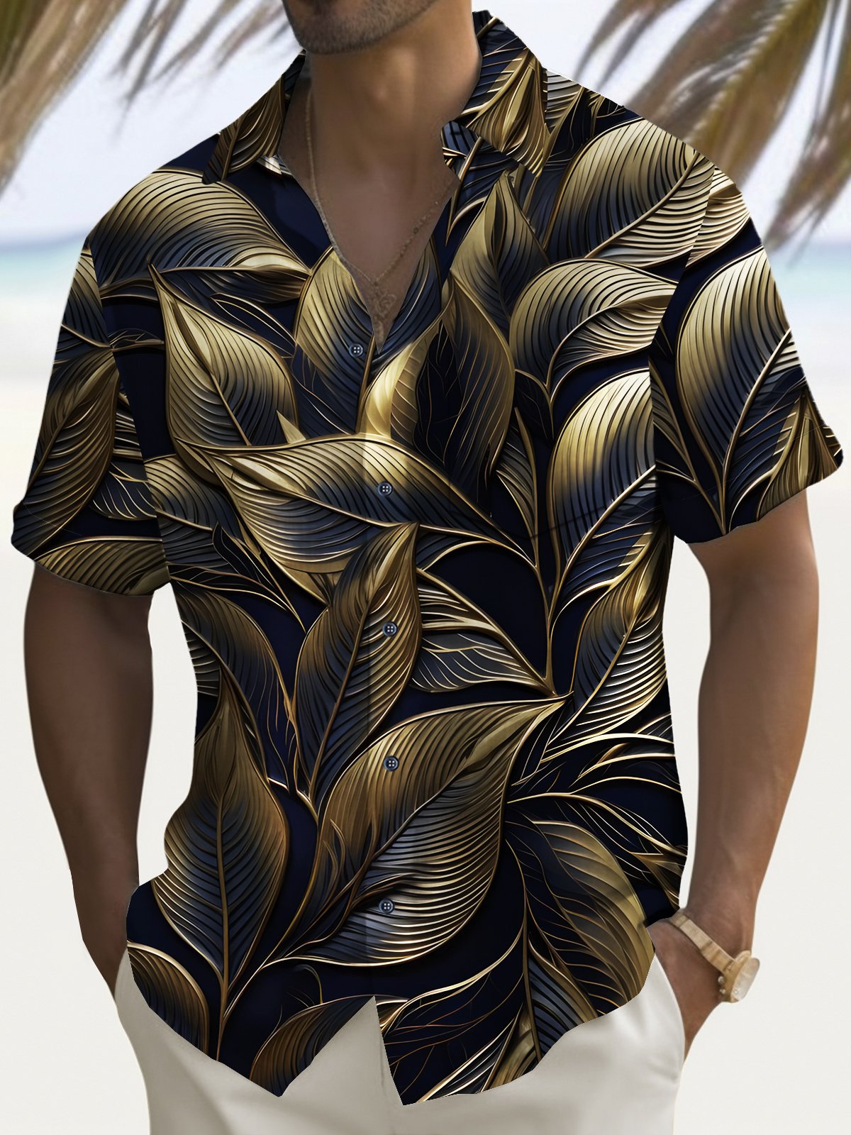 Royaura® Beach Vacation Men's Hawaiian Shirt Black Gold Plant Leaf Print Pocket Camping Shirt Big Tall