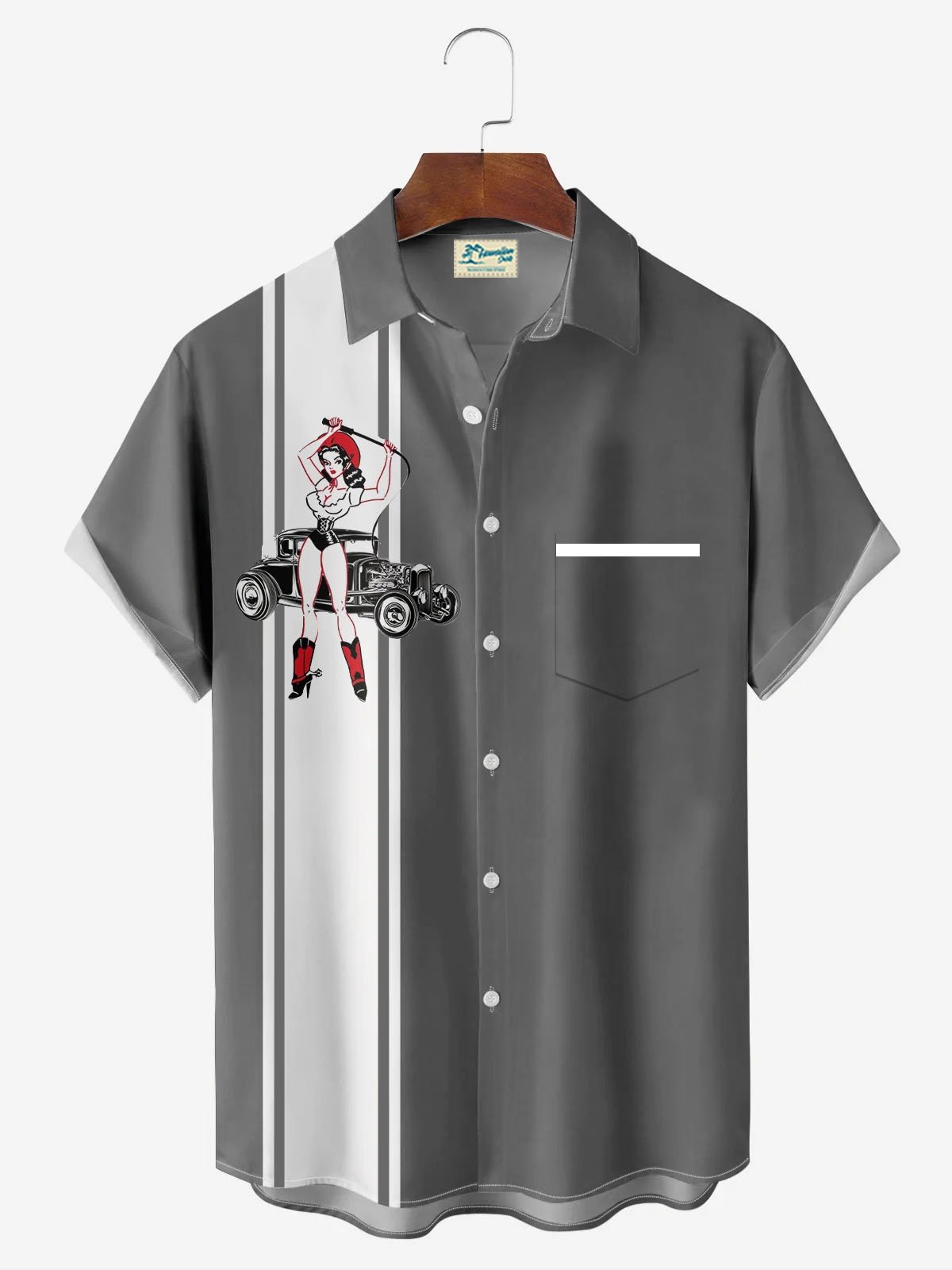 Royaura® Retro Bowling Car 3D Digital Print Men's Button Pocket Short Sleeve Shirt Big & Tall