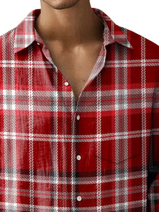 Royaura® Basic Red Plaid Print Men's Button Pocket Long Sleeve Shirt Big Tall