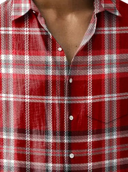 Royaura® Basic Red Plaid Print Men's Button Pocket Long Sleeve Shirt Big Tall