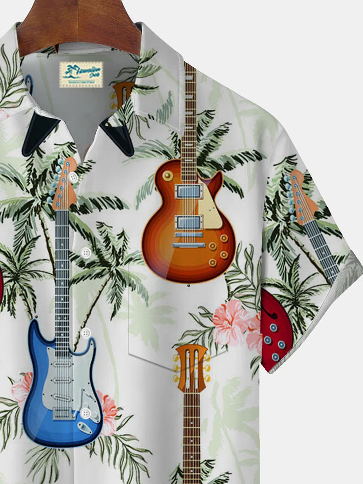 Royaura® Hawaiian Coconut Tree Music Print Men's Button Pocket Short Sleeve Shirt Big & Tall