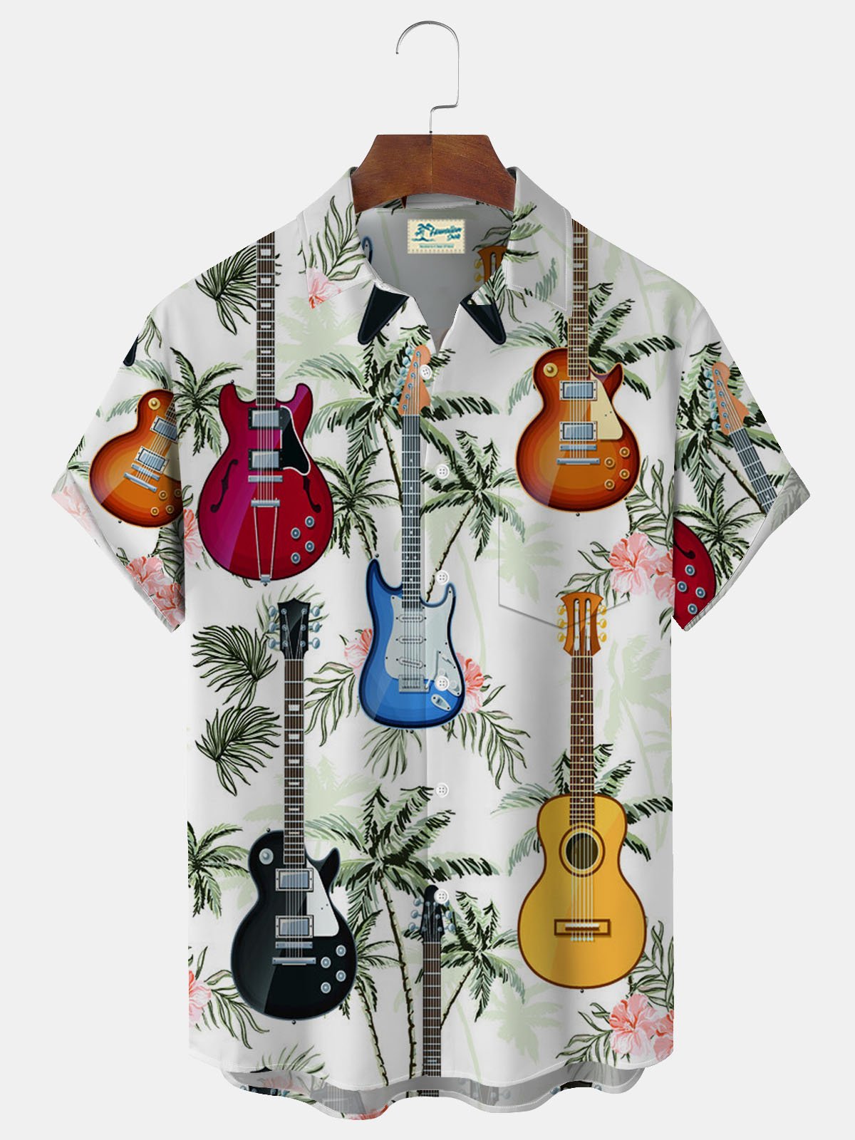 Royaura® Hawaiian Coconut Tree Music Print Men's Button Pocket Short Sleeve Shirt Big & Tall