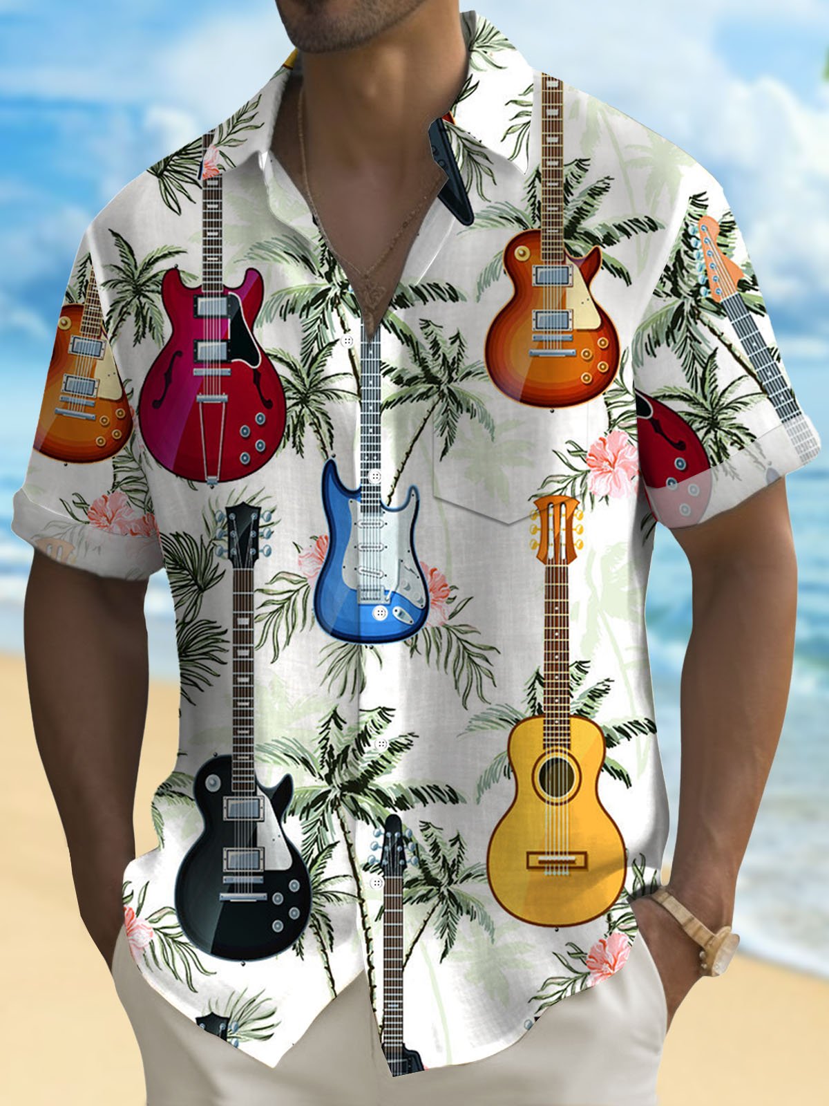 Royaura® Hawaiian Coconut Tree Music Print Men's Button Pocket Short Sleeve Shirt Big & Tall