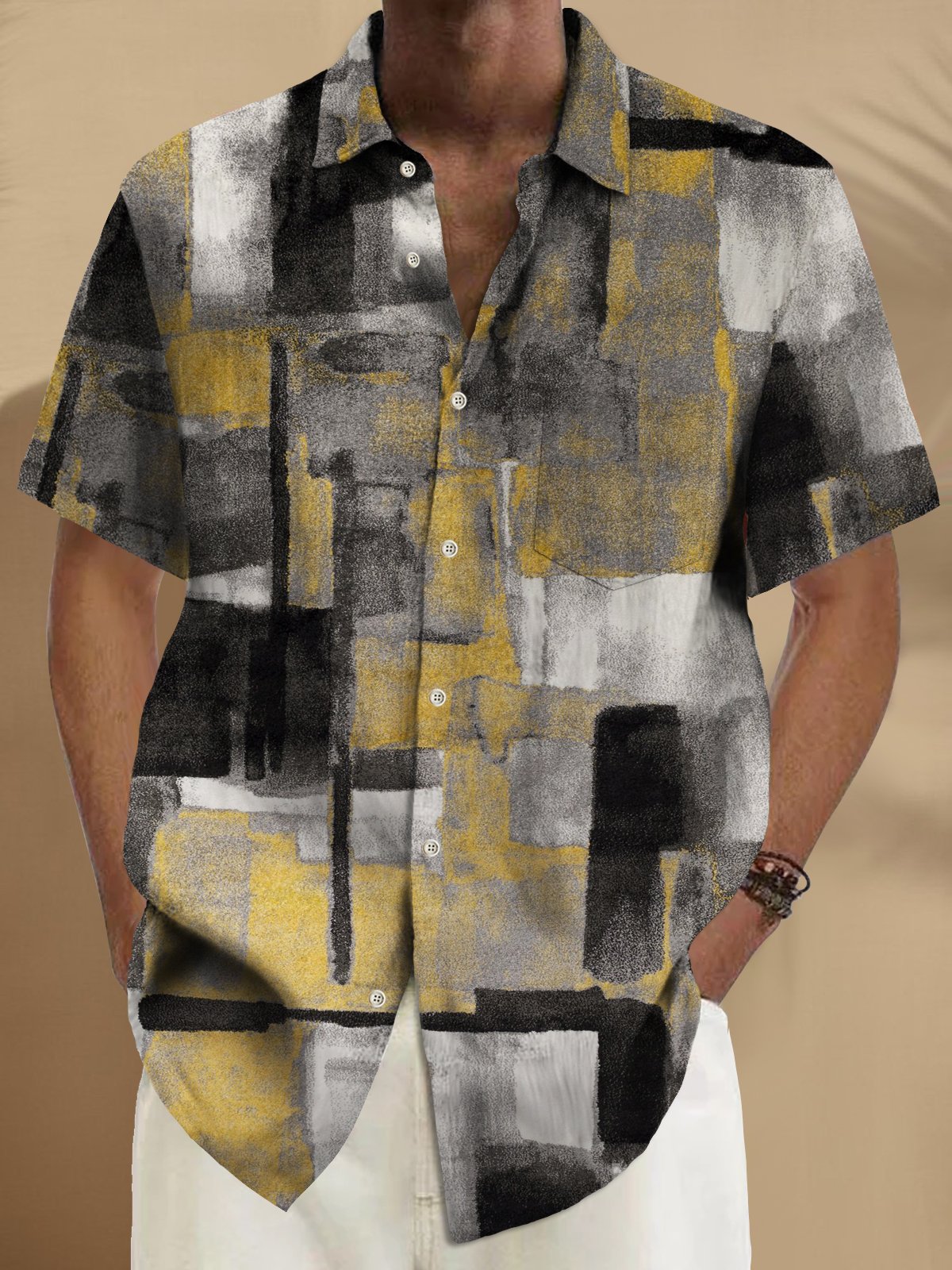 Royaura® Vintage Abstract Texture Print Men's Chest Pocket Stretch Hawaiian Shirt Big Tall