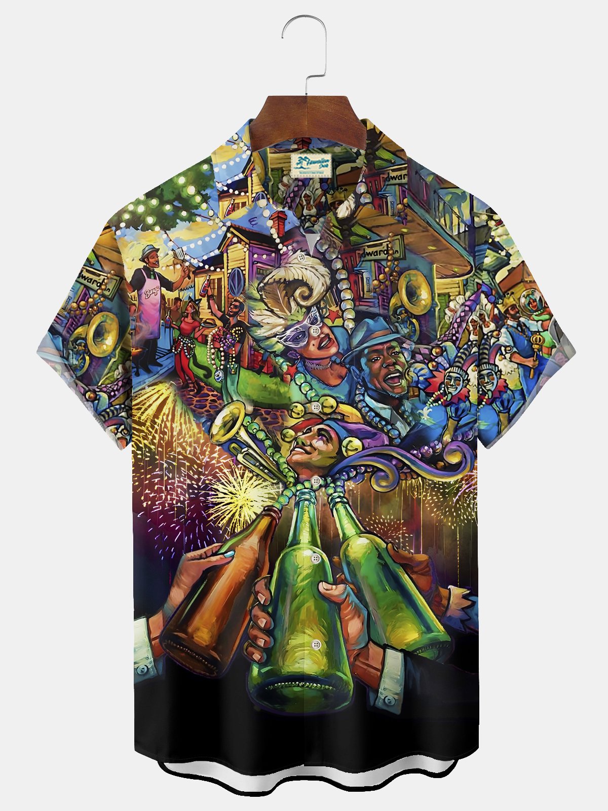 Royaura® Mardi Gras Beer Cartoon Print Men's Chest Pocket Stretch Hawaiian Shirt Big Tall