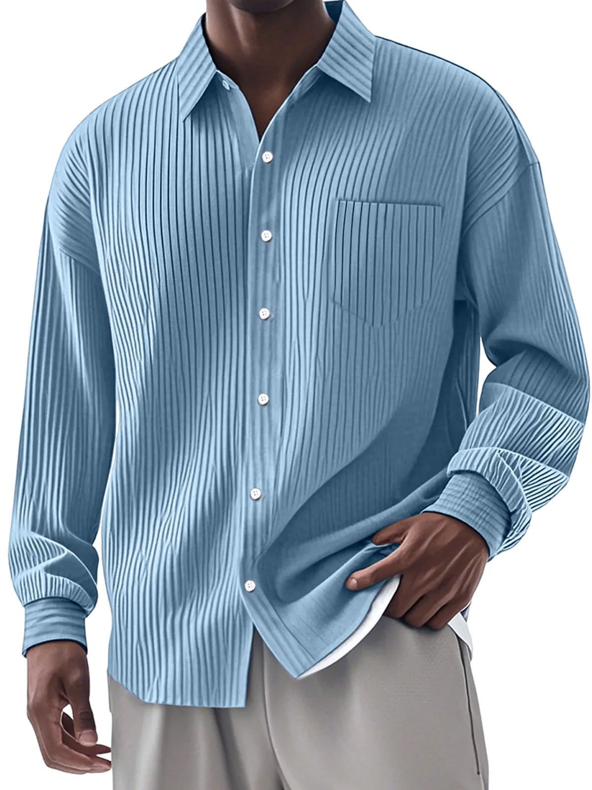 Royaura® Casual Basic Stripe Abstract Print Men's Button Pocket Long Sleeve Shirt Big & Tall