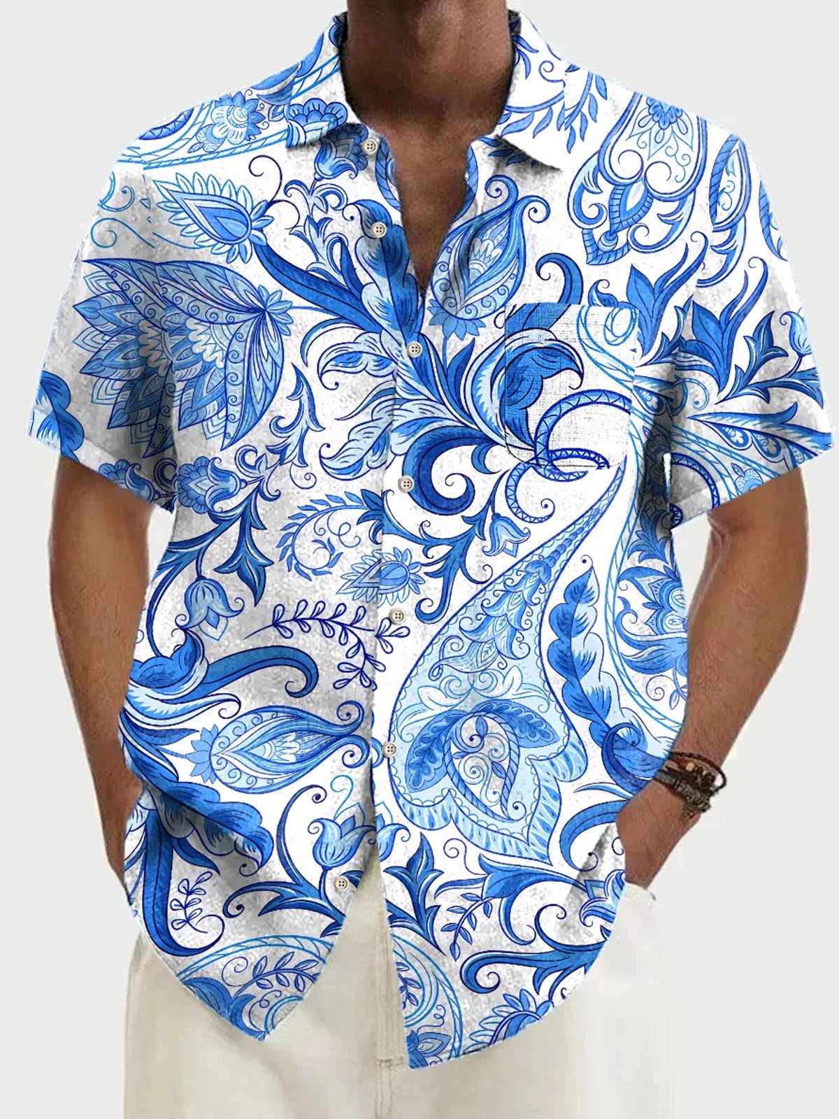 Royaura® Hawaiian Blue and White Porcelain Floral Print Men's Button Pocket Short Sleeve Shirt Big & Tall