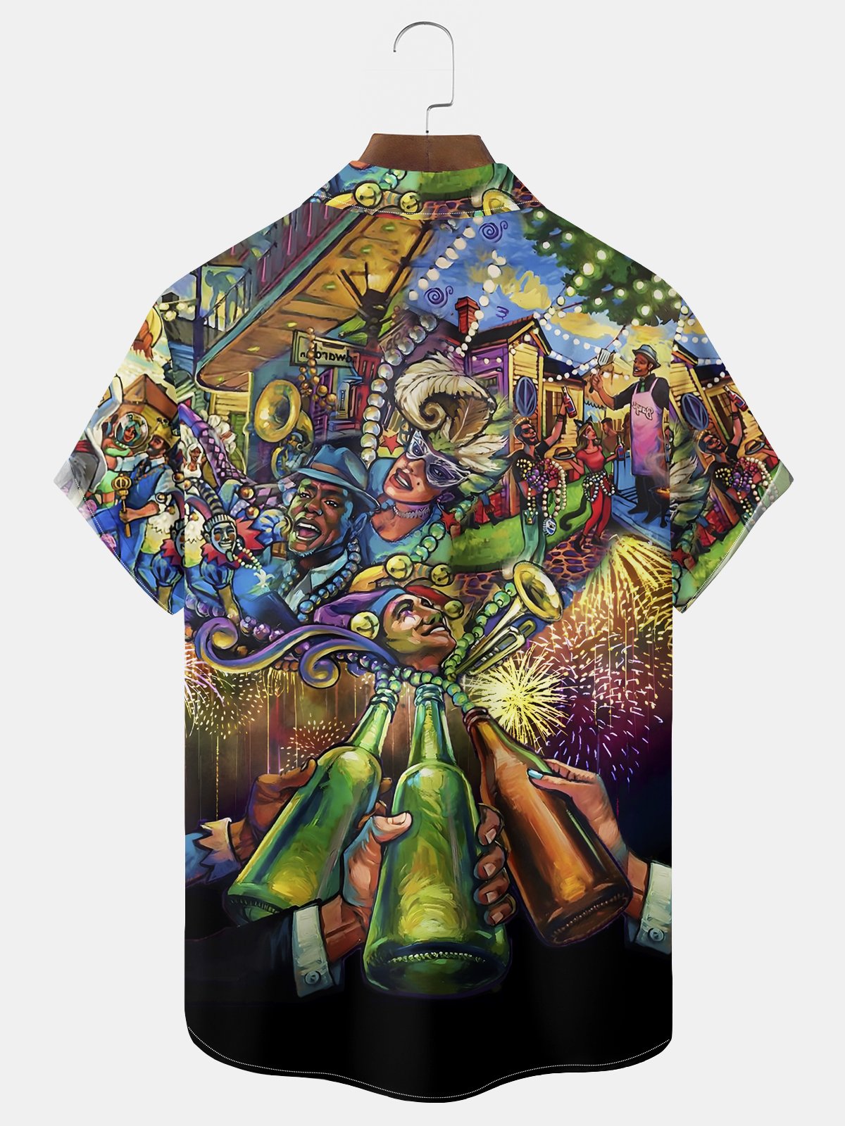 Royaura® Mardi Gras Beer Cartoon Print Men's Chest Pocket Stretch Hawaiian Shirt Big Tall