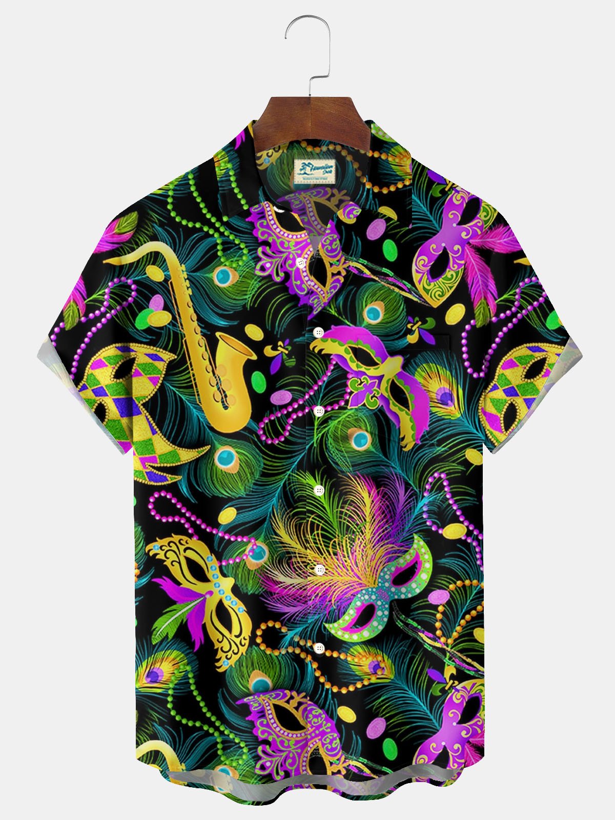 Royaura® Mardi Gras Mask Jazz Print Men's Button Pocket Short Sleeve Shirt Big & Tall