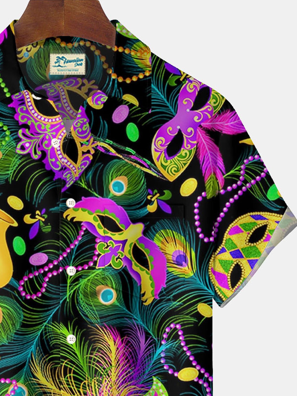 Royaura® Mardi Gras Mask Jazz Print Men's Button Pocket Short Sleeve Shirt Big & Tall