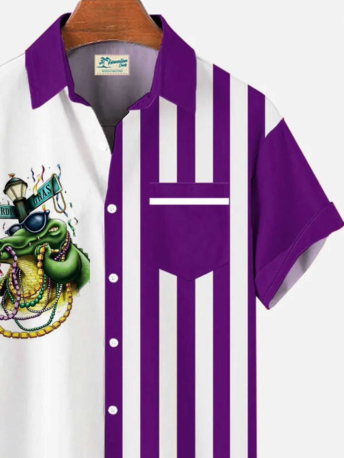 Royaura® Mardi Gras Alligator Bead Stripe Print Men's Button Pocket Short Sleeve Shirt Big & Tall