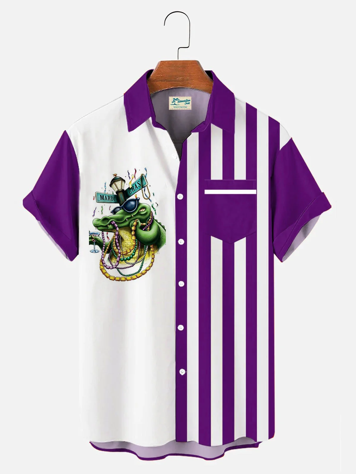 Royaura® Mardi Gras Alligator Bead Stripe Print Men's Button Pocket Short Sleeve Shirt Big & Tall