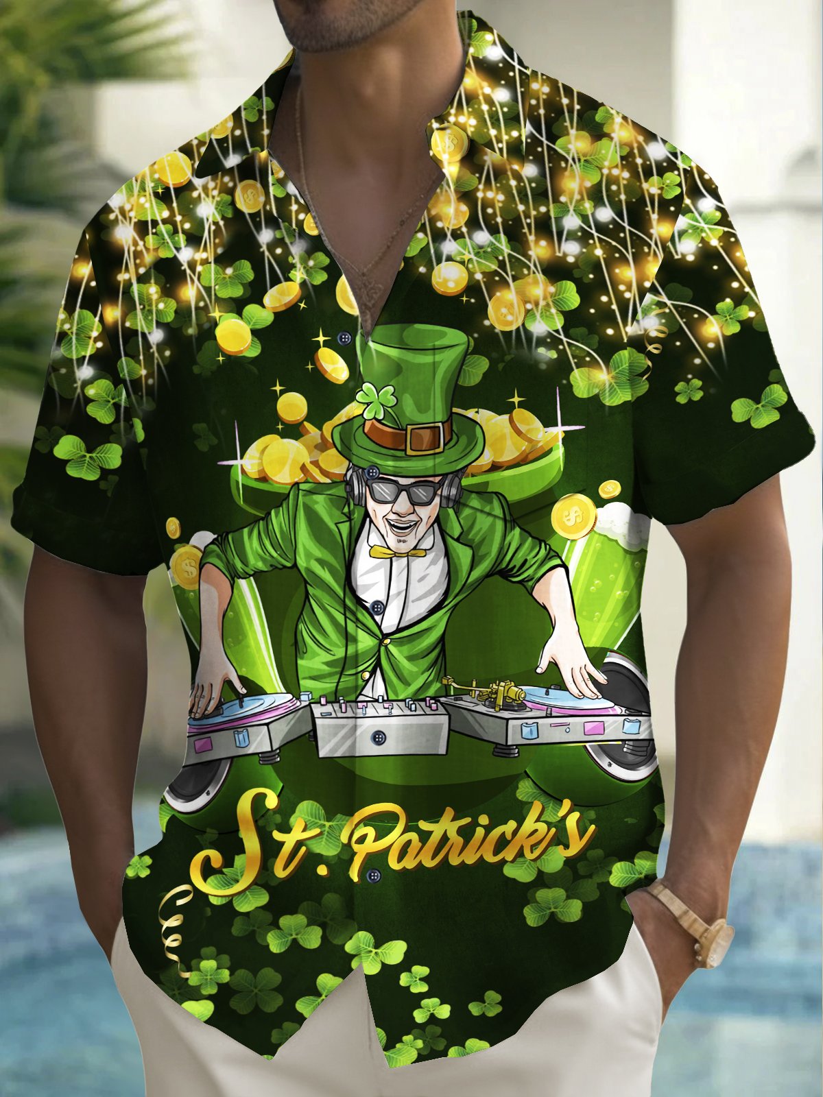 Royaura® St. Patrick's Day Irish Music Cartoon Green Lucky Print Men's Chest Pocket Stretch Hawaiian Shirt Big Tall