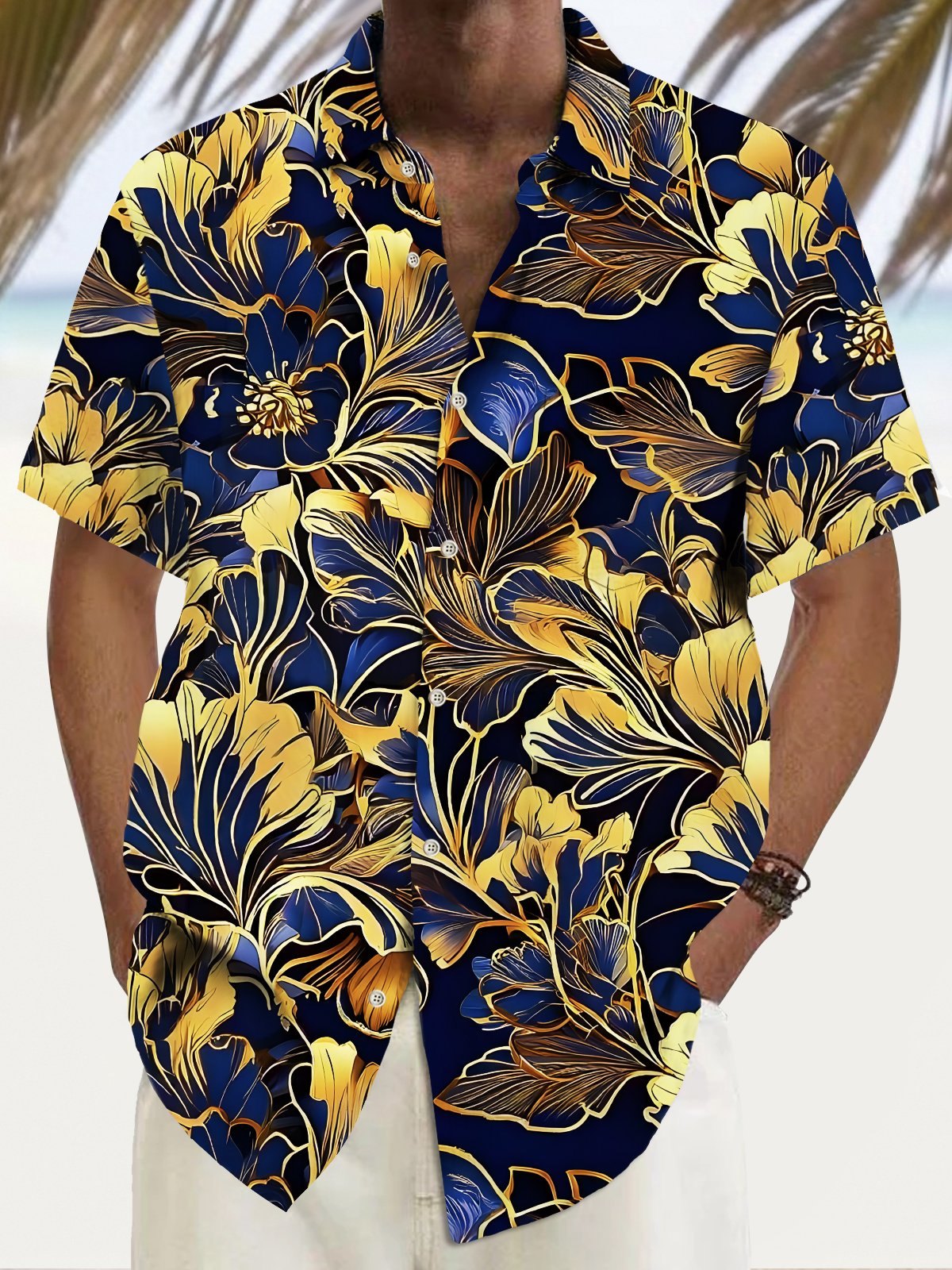 Royaura® Beach Vacation Men's Hawaiian Shirt Botanical Flower Print Pocket Camping Shirt Big Tall