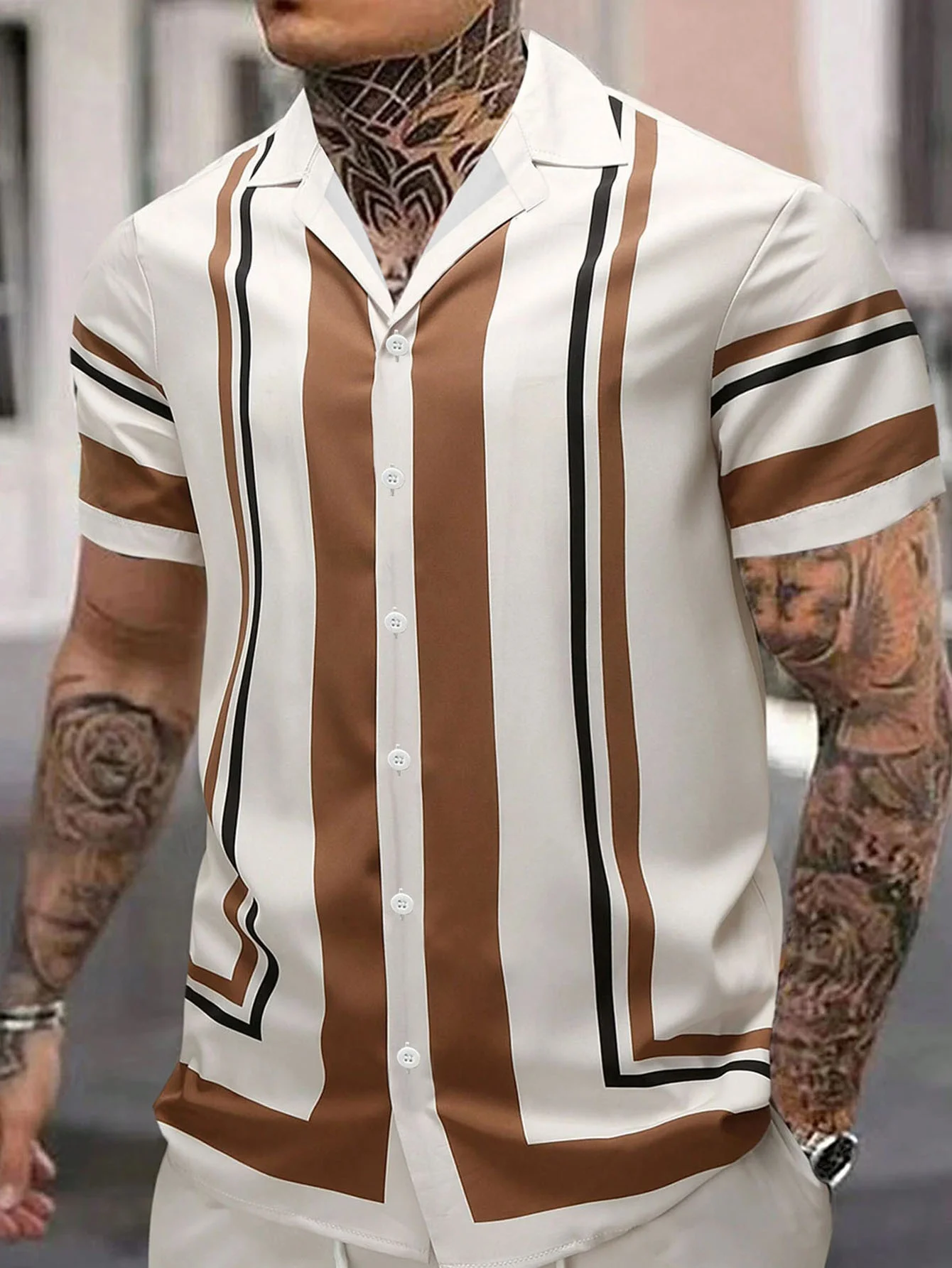 Royaura® Retro Stripe Contrast 3D Digital Printing Men's Button Pocket Short Sleeve Shirt Big & Tall