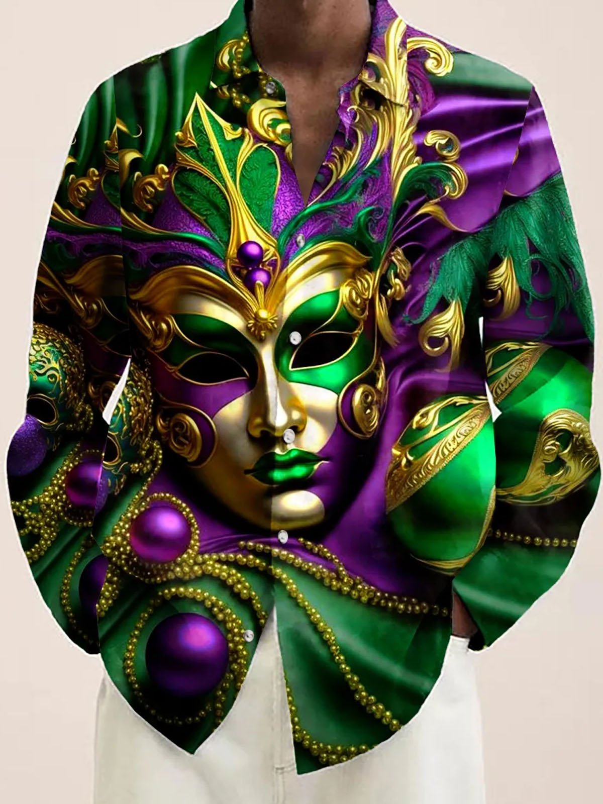 Royaura® Mardi Gras Mask Print Men's Button Pocket Long Sleeve Shirt Big & Tall