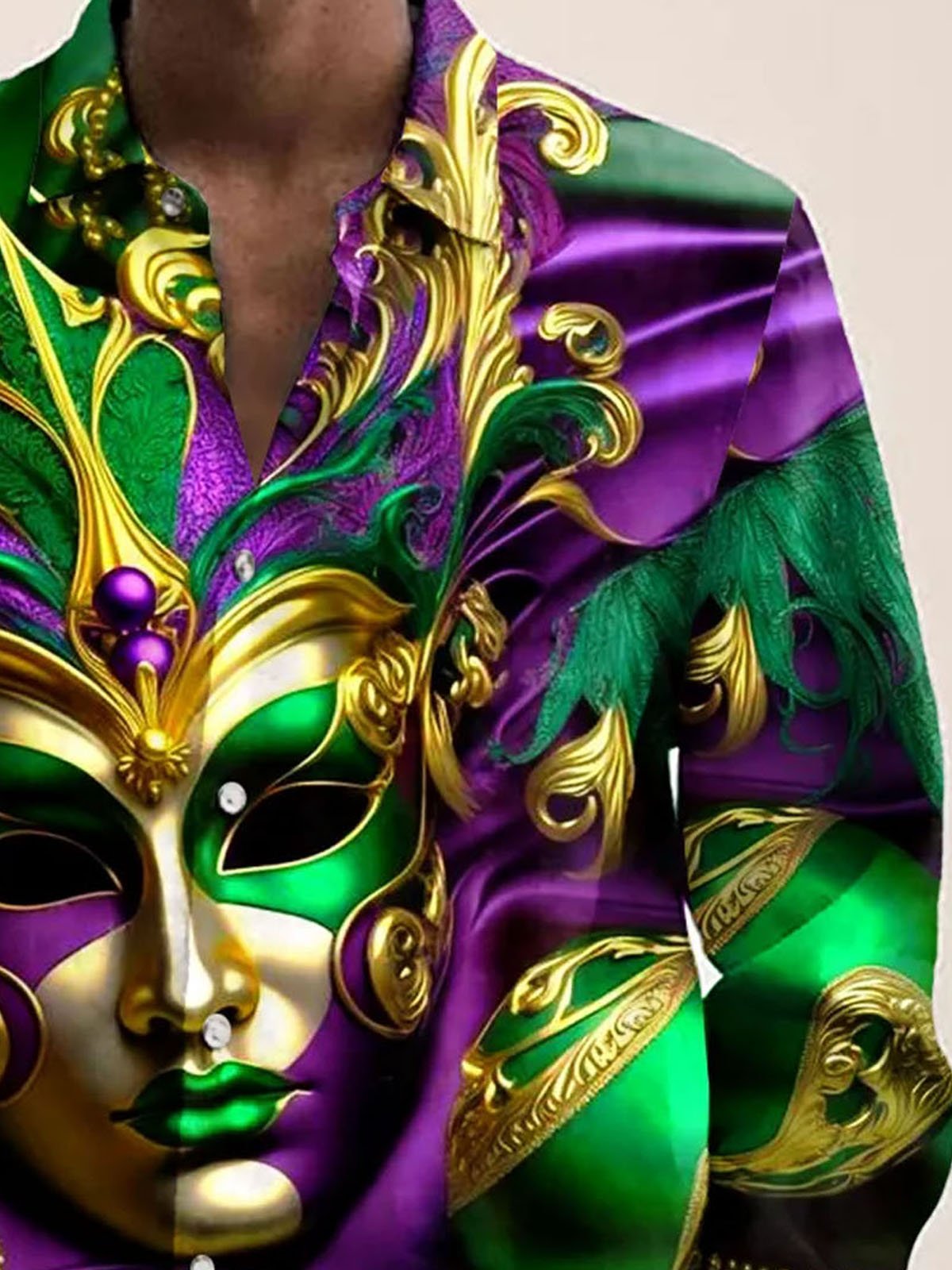 Royaura® Mardi Gras Mask Print Men's Button Pocket Long Sleeve Shirt Big & Tall