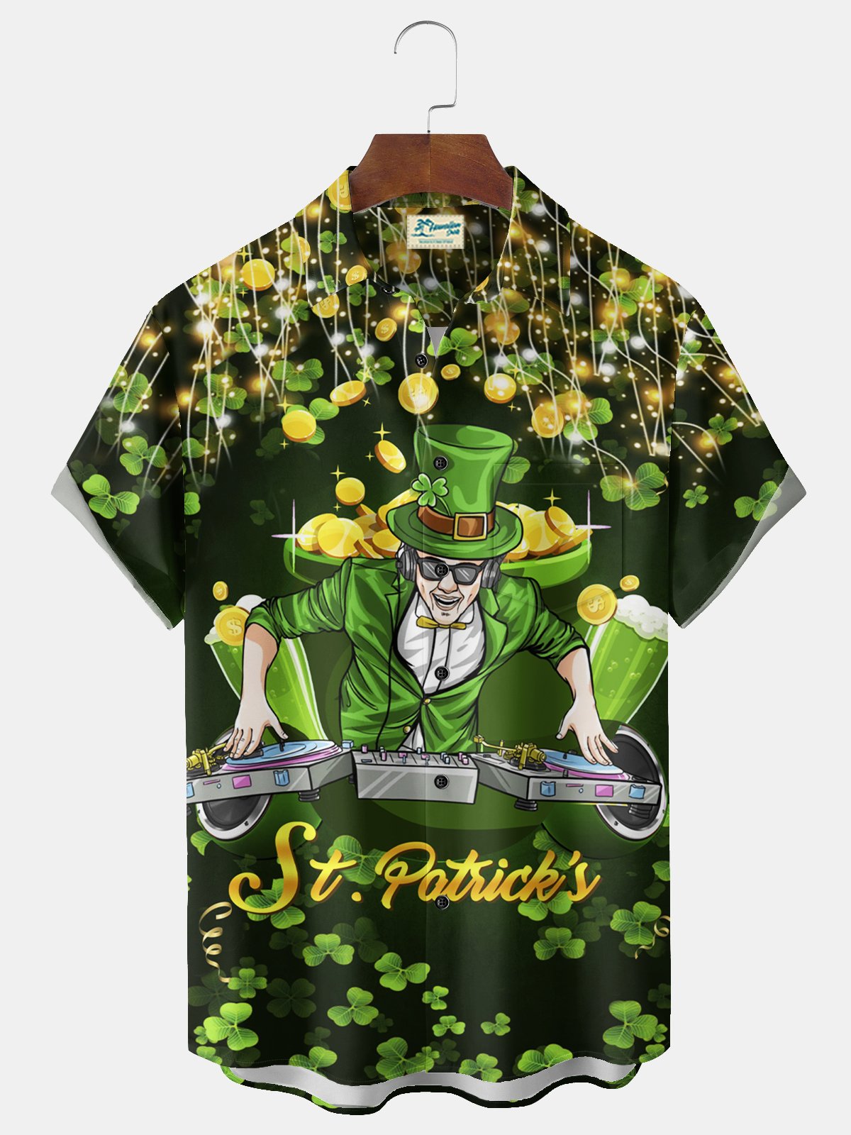 Royaura® St. Patrick's Day Irish Music Cartoon Green Lucky Print Men's Chest Pocket Stretch Hawaiian Shirt Big Tall