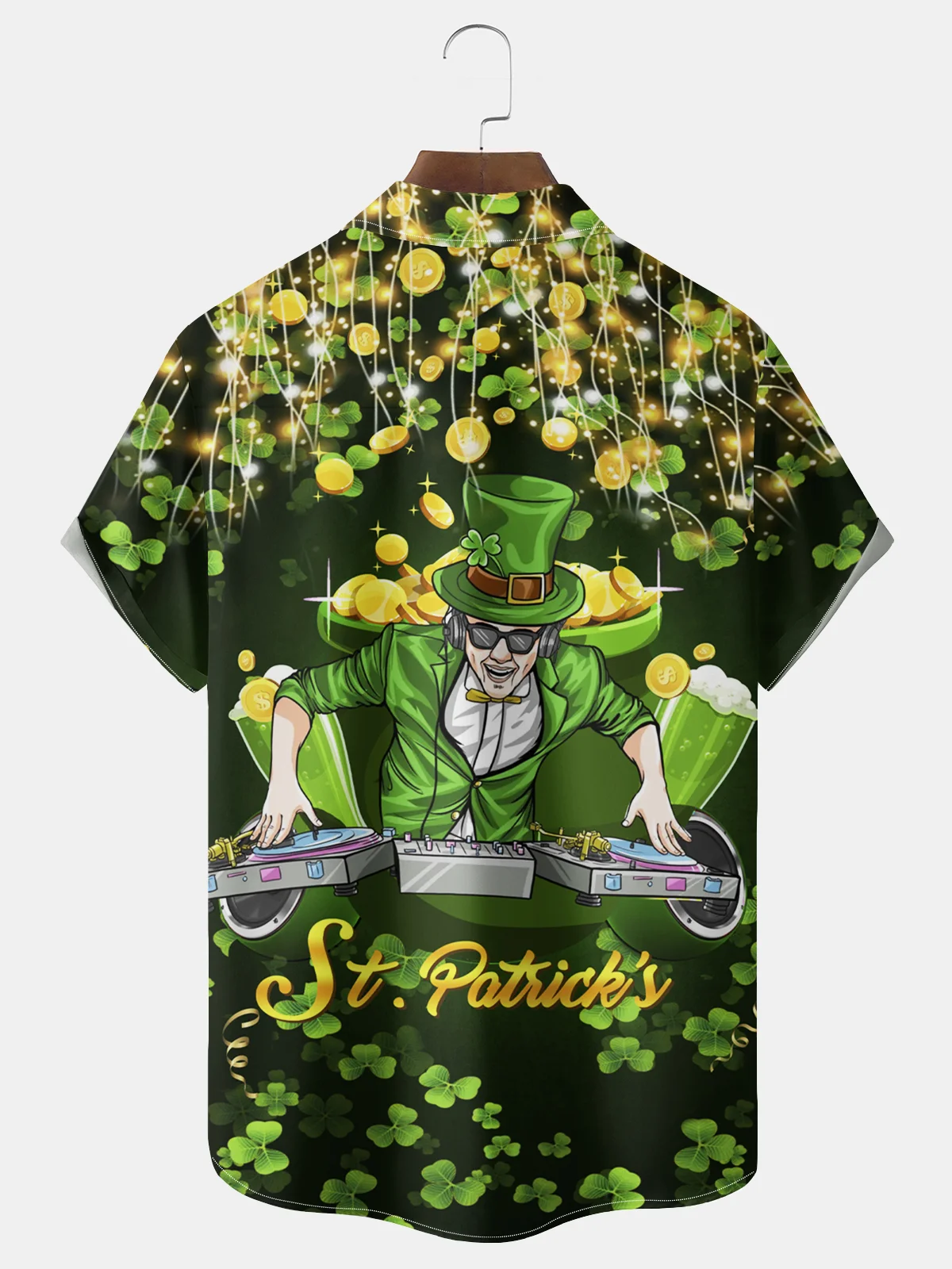 Royaura® St. Patrick's Day Irish Music Cartoon Green Lucky Print Men's Chest Pocket Stretch Hawaiian Shirt Big Tall