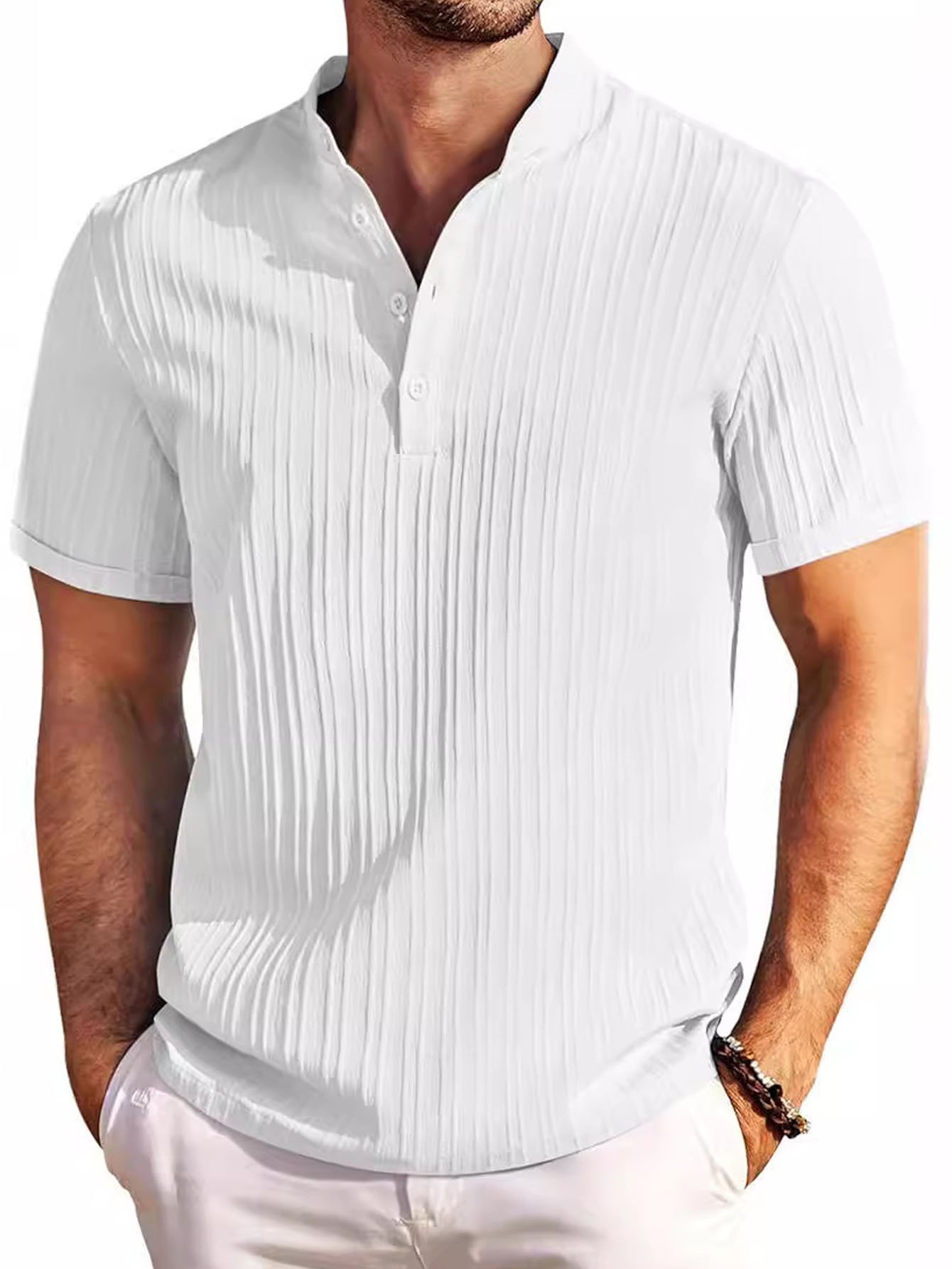 Royaura® Basics Casual Striped Men's Stand Collar Short Sleeve Aloha Shirt Big & Tall