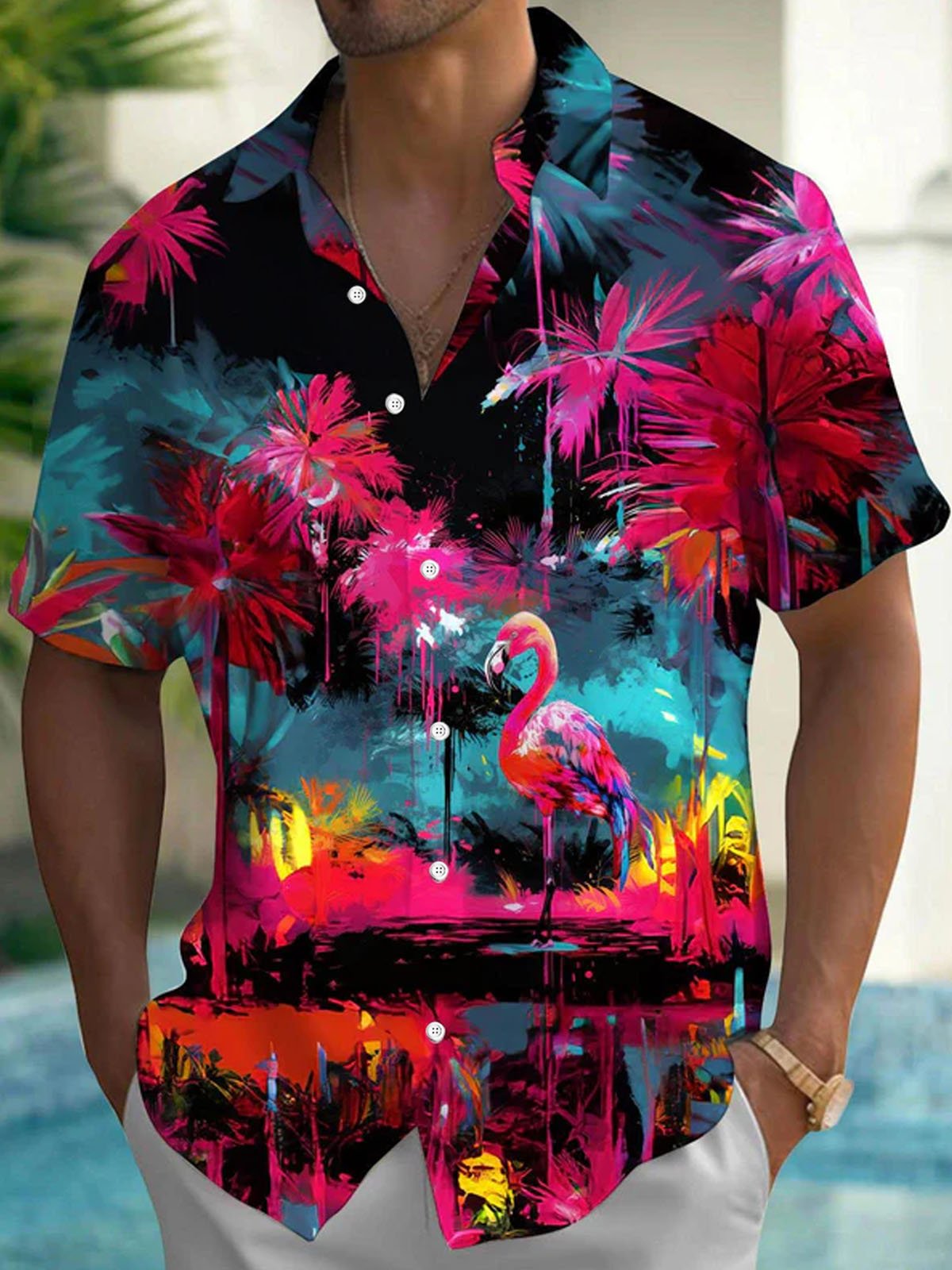 Royaura® Hawaiian Coconut Tree Gradient Art Print Mens Button Pocket Short Sleeve Shirt Big & Tall