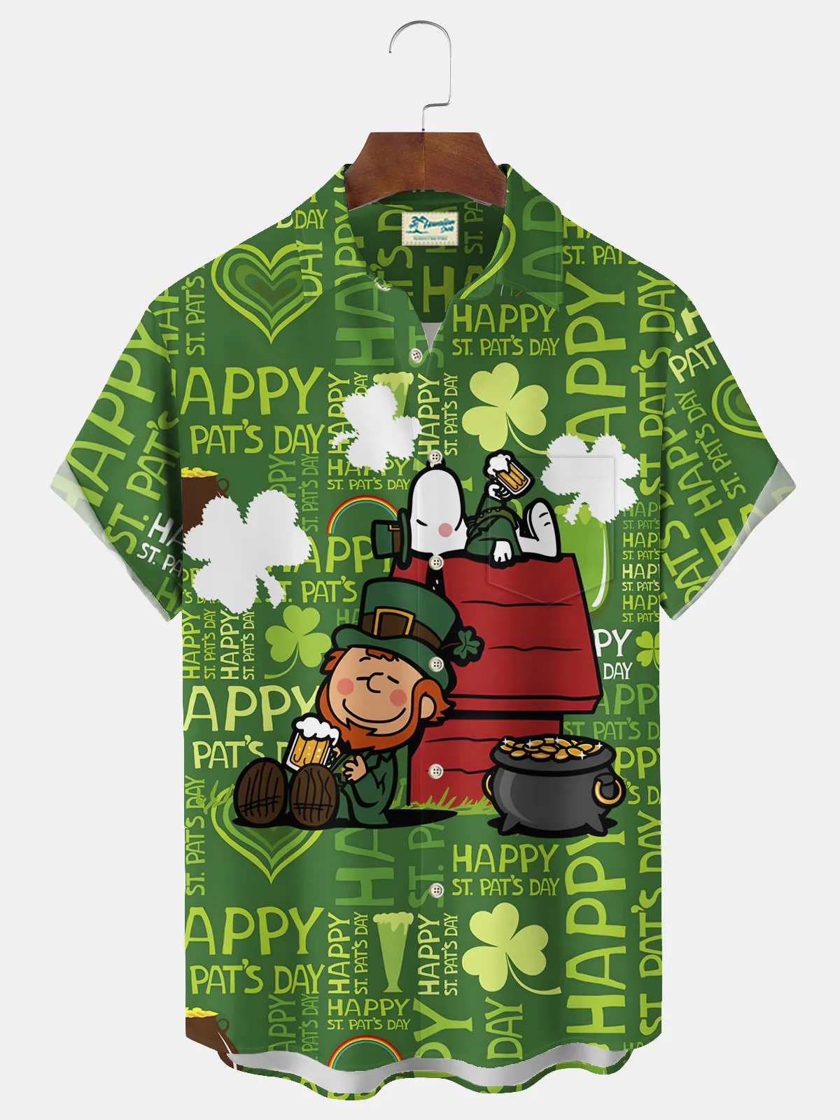 Royaura® St. Patrick's Day Irish Shamrock Cartoon Green Lucky Print Men's Chest Pocket Stretch Hawaiian Shirt Big Tall