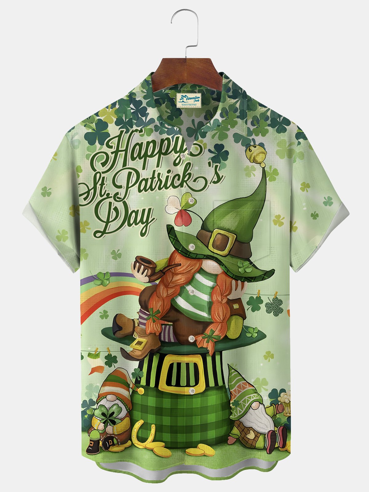 Royaura® St. Patrick's Day Irish Gnome Cartoon Green Lucky Print Men's Chest Pocket Stretch Hawaiian Shirt Big Tall