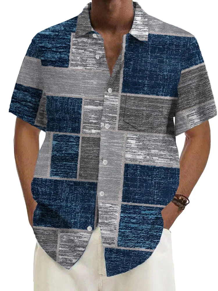 Royaura® Retro Geometric Color Block Textured Print Men's Button Pocket Short Sleeve Shirt Big & Tall