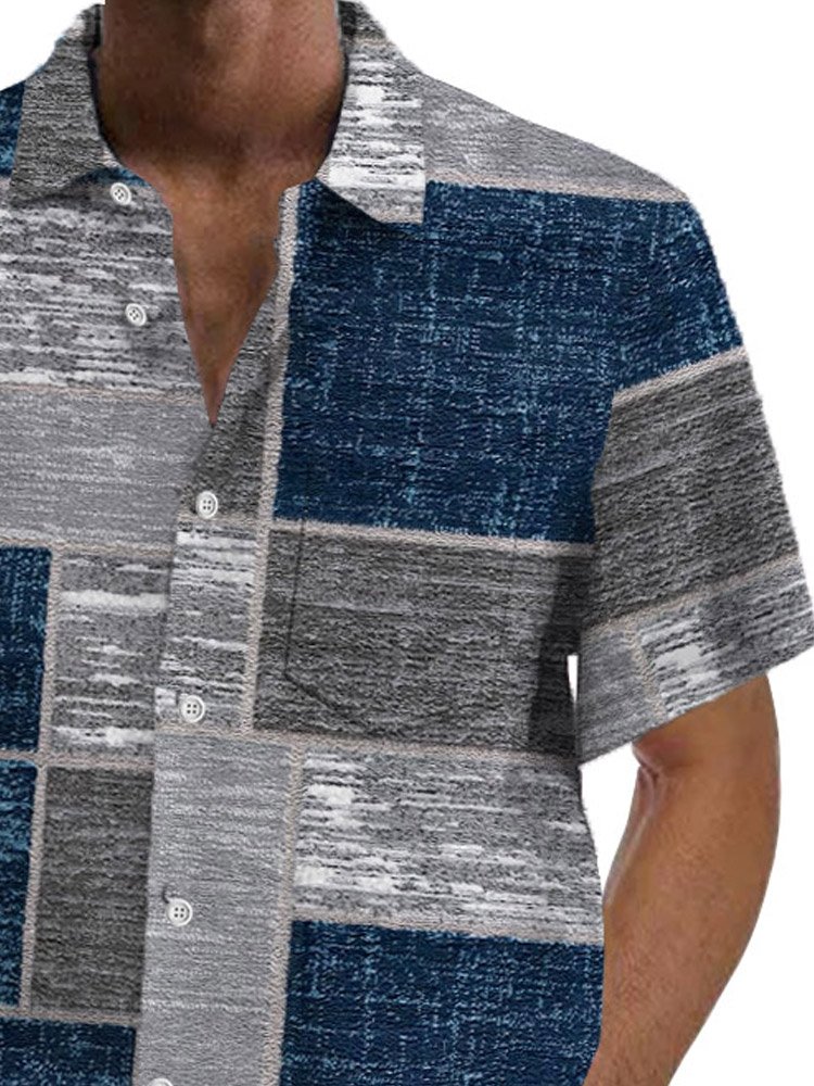 Royaura® Retro Geometric Color Block Textured Print Men's Button Pocket Short Sleeve Shirt Big & Tall