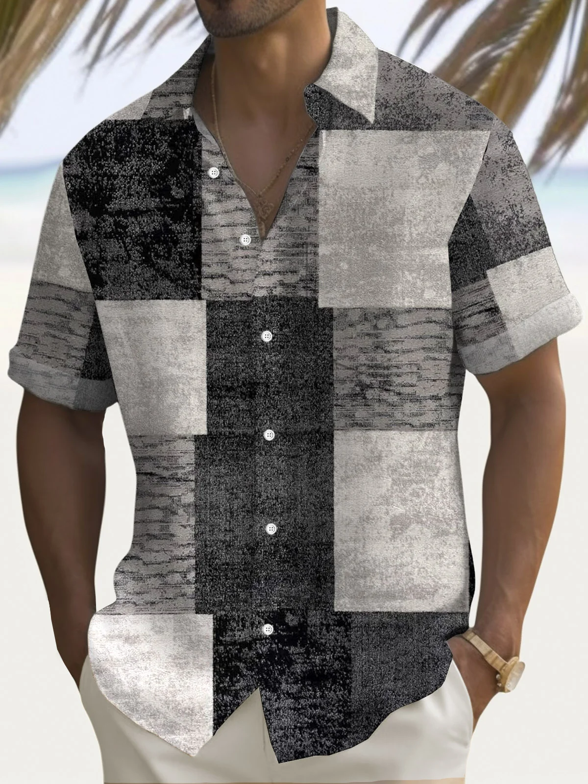 Royaura® Retro Geometric Color Block Print Men's Button Pocket Short Sleeve Shirt Big & Tall