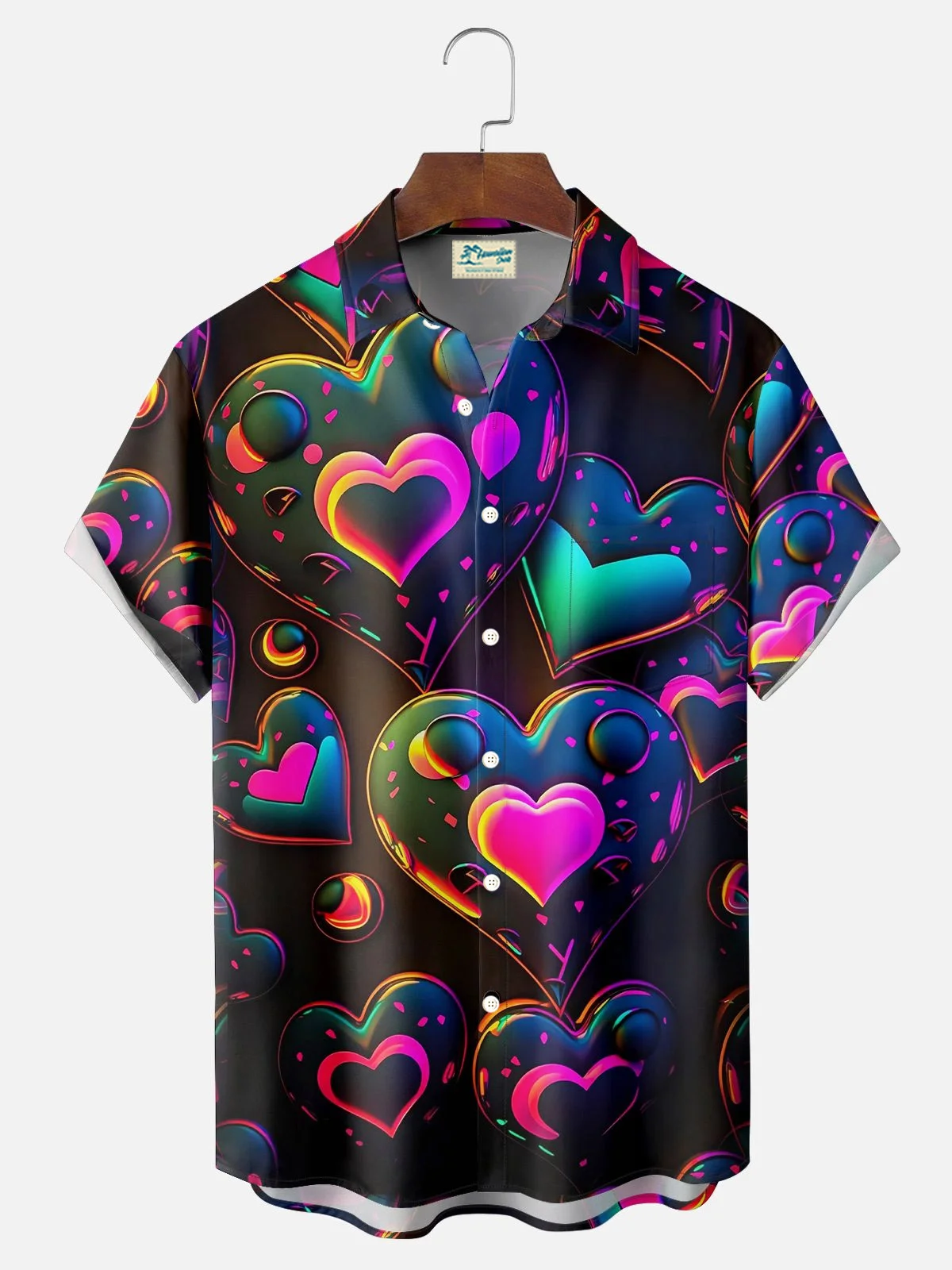 Royaura® Valentine's Day Heart Gradient Print Men's Button Pocket Short Sleeve Shirt Big & Tall