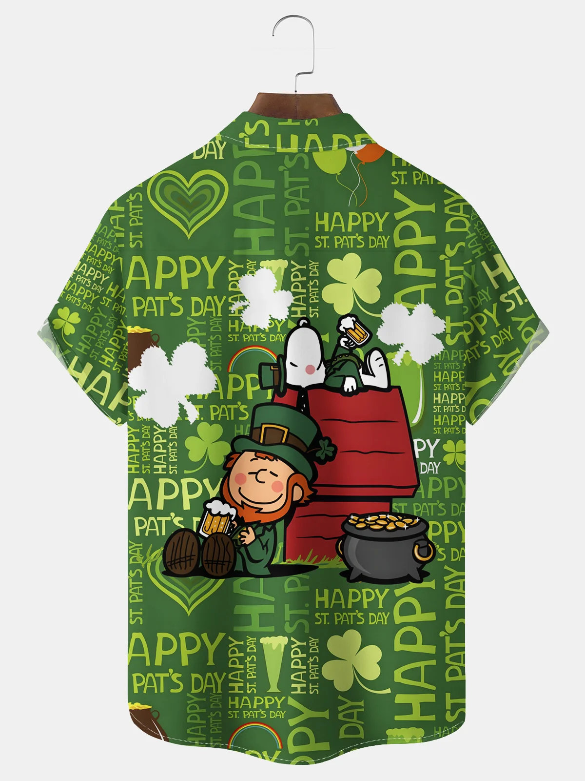 Royaura® St. Patrick's Day Irish Shamrock Cartoon Green Lucky Print Men's Chest Pocket Stretch Hawaiian Shirt Big Tall