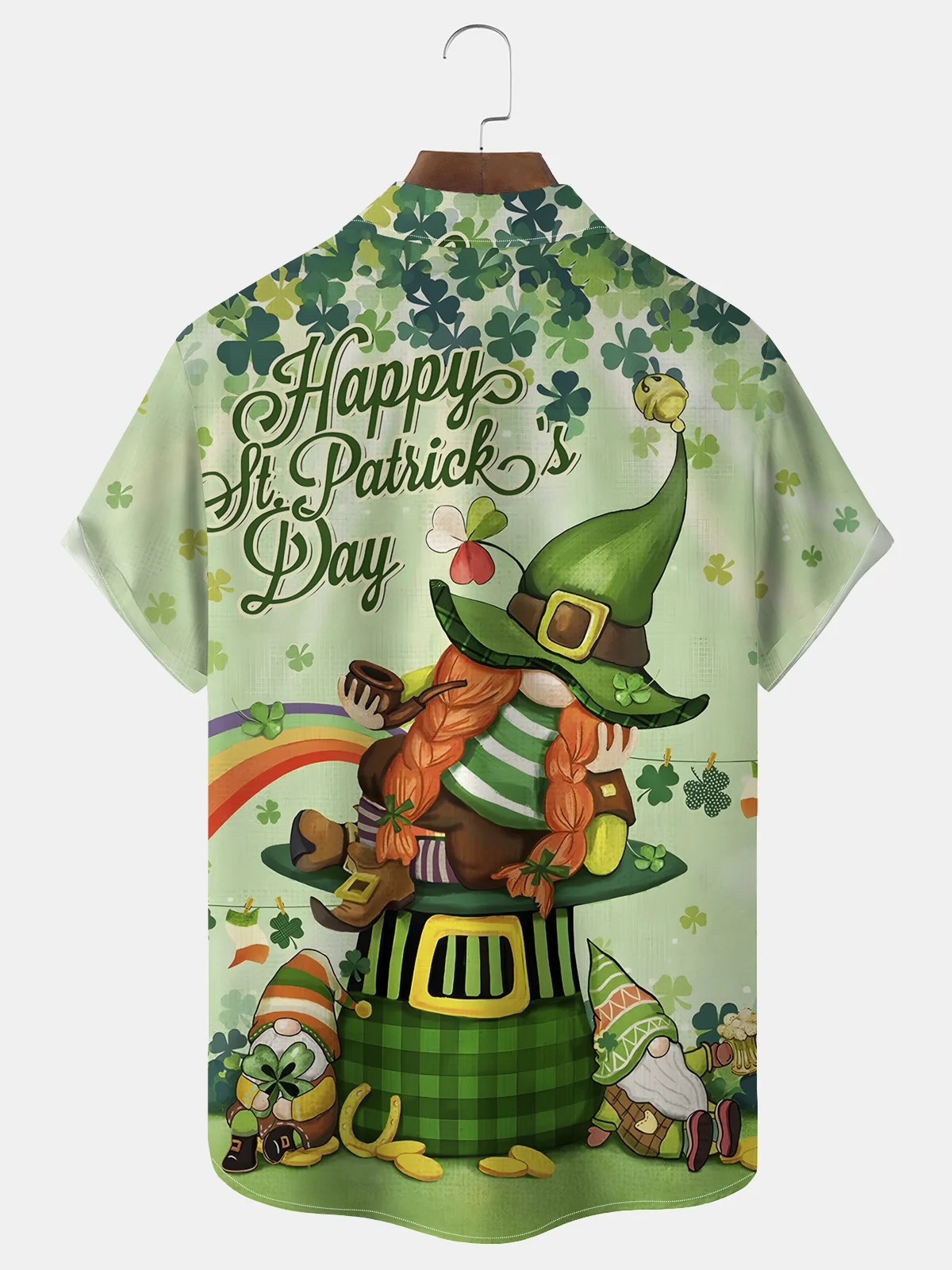 Royaura® St. Patrick's Day Irish Gnome Cartoon Green Lucky Print Men's Chest Pocket Stretch Hawaiian Shirt Big Tall