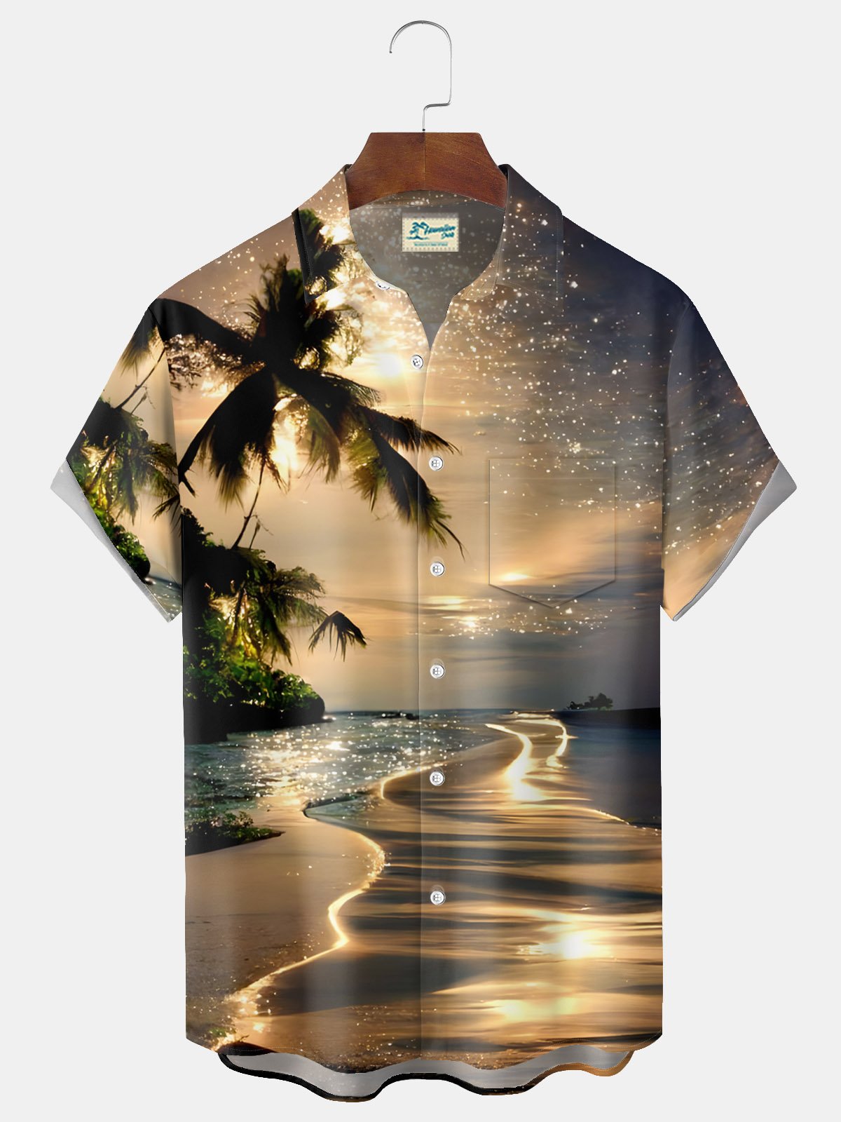 Royaura® Hawaiian Coconut Tree Beach Landscape Print Men's Button Pocket Short Sleeve Shirt Big & Tall