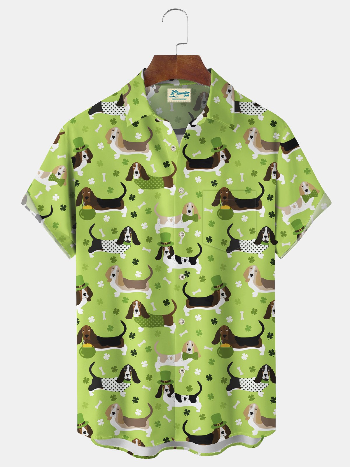 Royaura® St. Patrick's Day Irish Dog Cartoon Green Lucky Print Men's Chest Pocket Stretch Hawaiian Shirt Big Tall