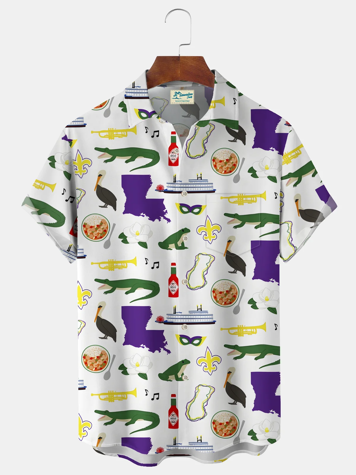 Royaura® Mardi Gras Cartoon Print Men's Chest Pocket Stretch Hawaiian Shirt Big Tall